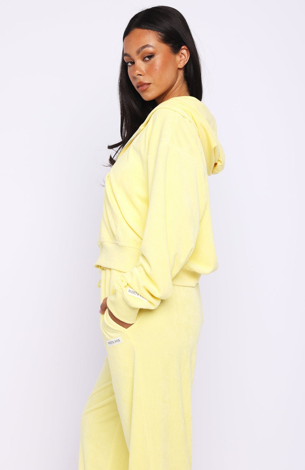 White Fox Causing Commotion Terry Boxy Zip Front Hoodie Lemon