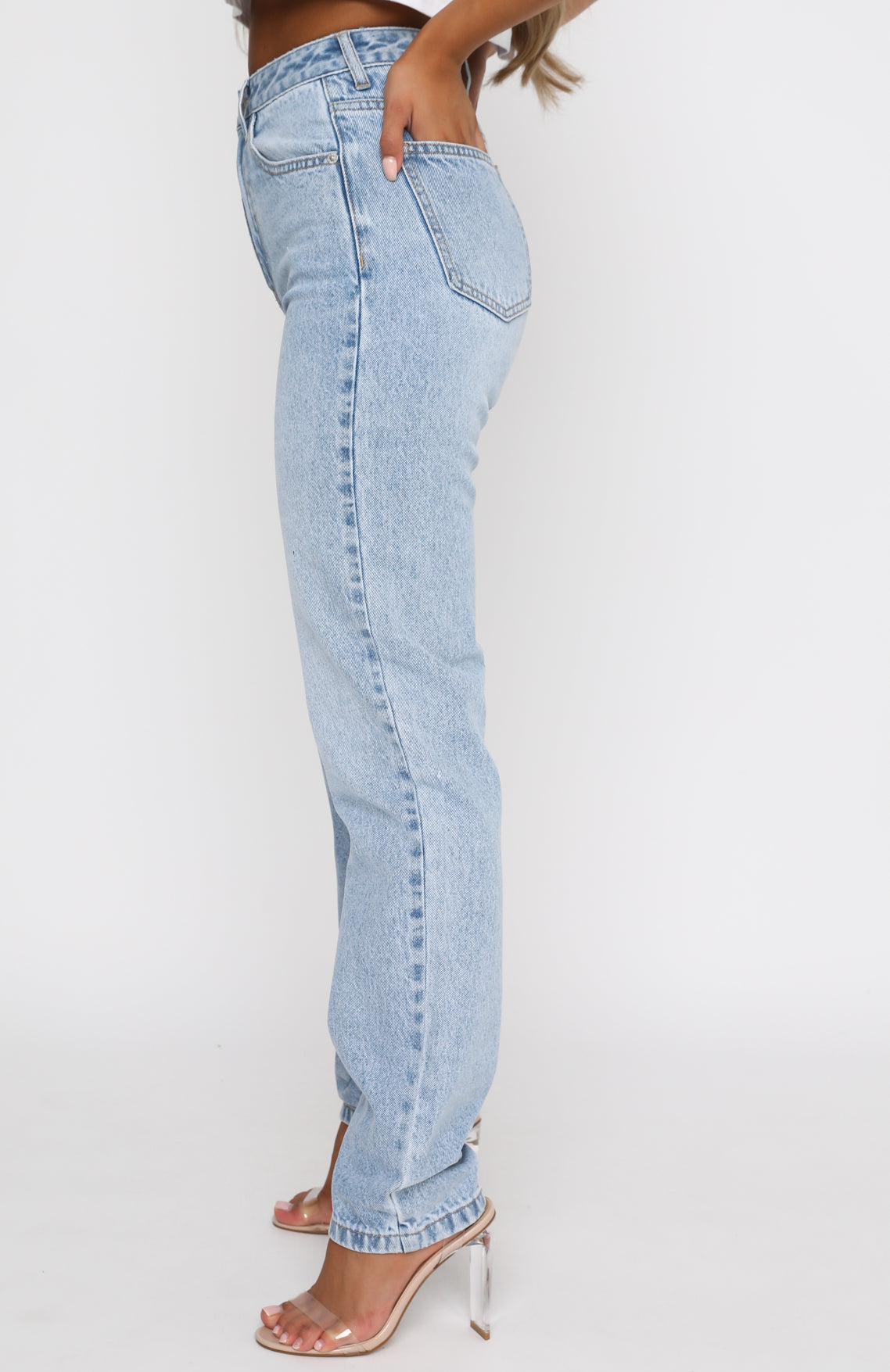White Fox Who's That Girl Straight Leg Denim Jeans Washed Blue