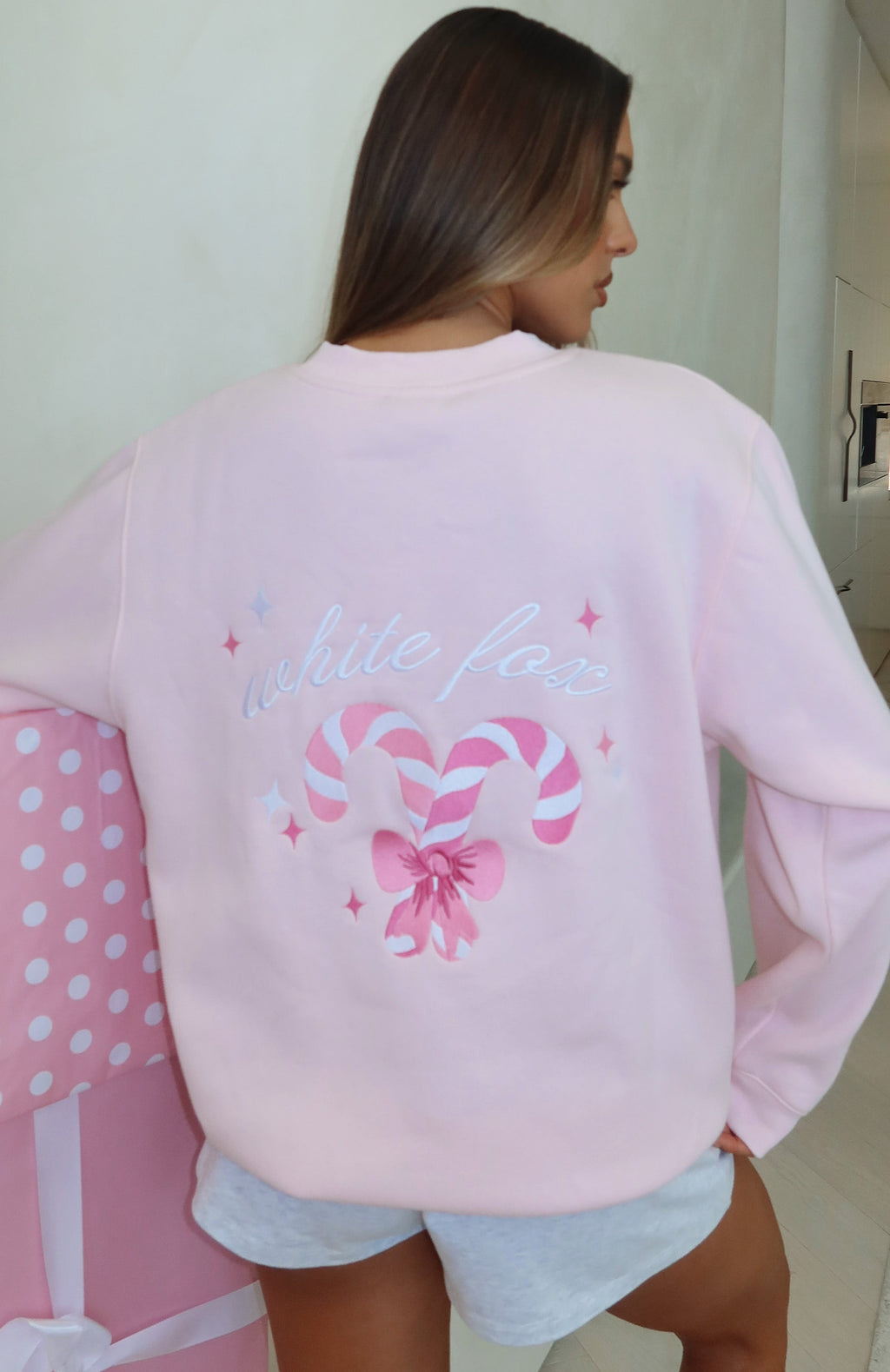 White Fox Candy Cane Christmas Oversized Sweater Cupcake