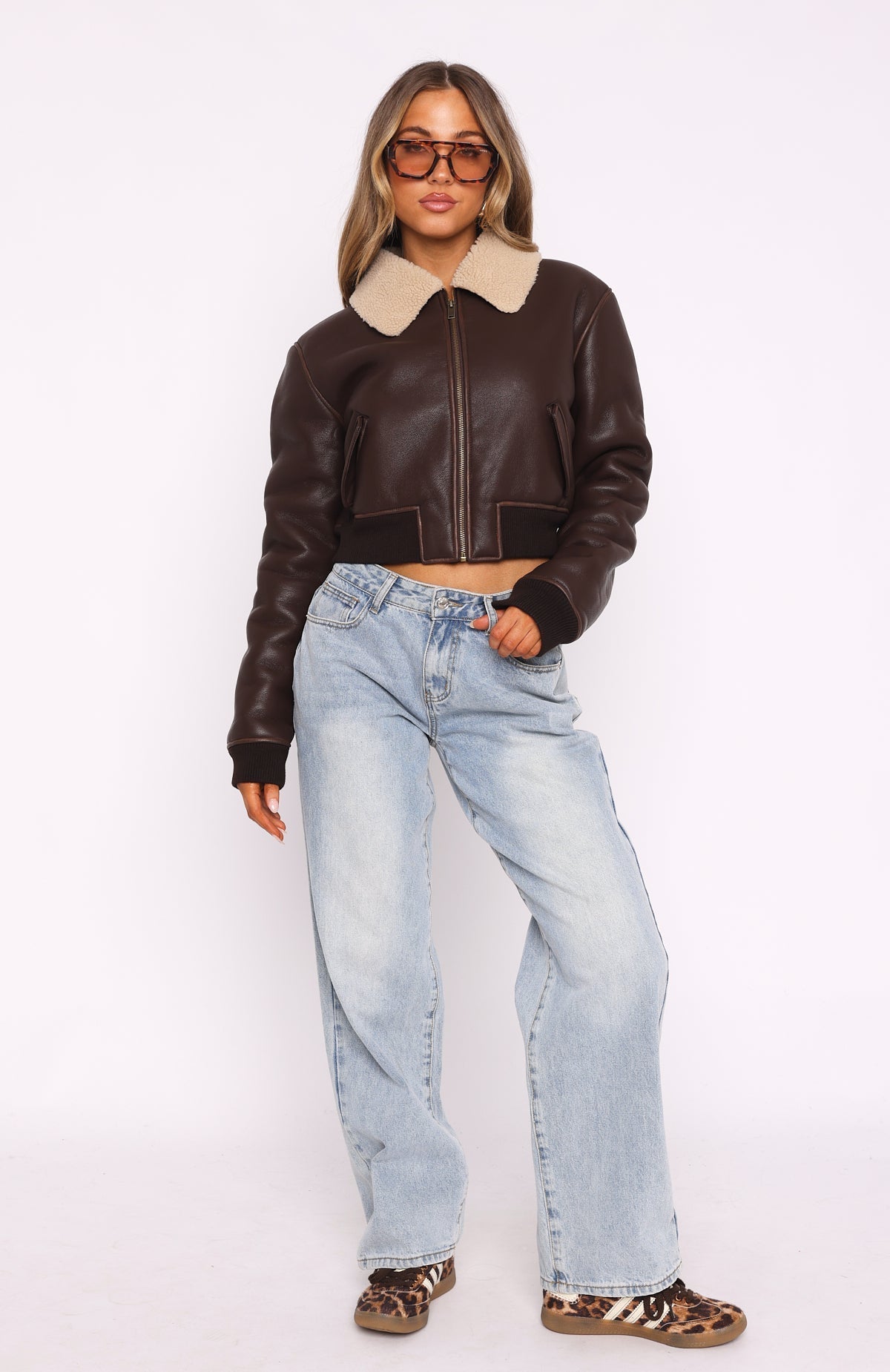 White Fox For The People PU Bomber Jacket Chocolate
