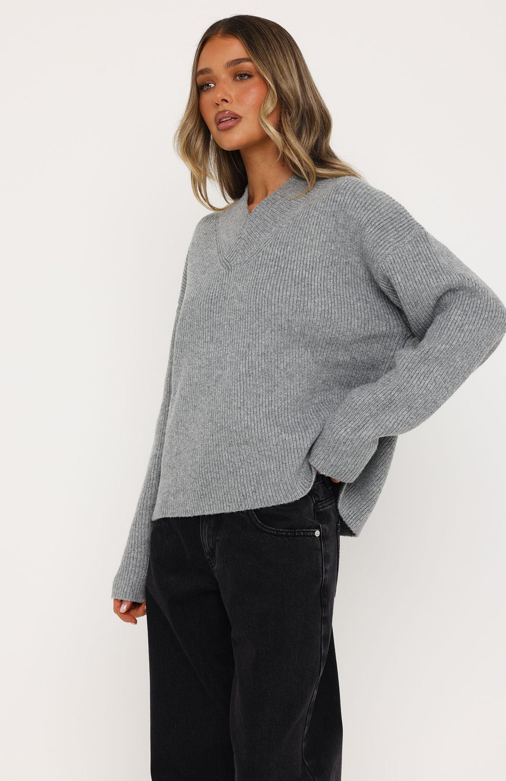 White Fox Luzia V Neck Knit Sweater Grey