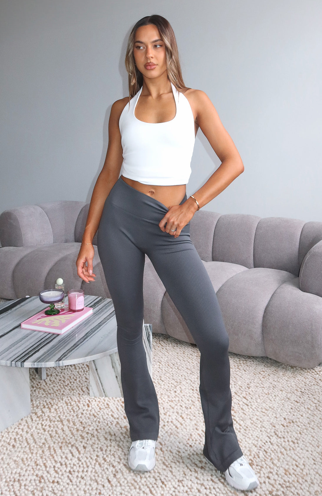 White Fox Scared To Confess Seamless Ribbed Flare Pants Charcoal