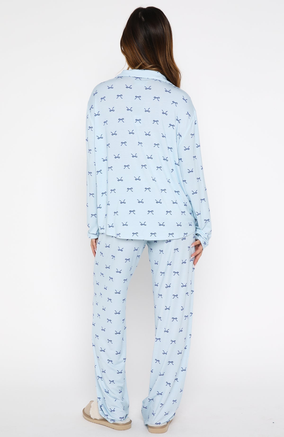 White Fox Pillow Talk Printed Long Sleeve Pyjama Set Sky Ribbons