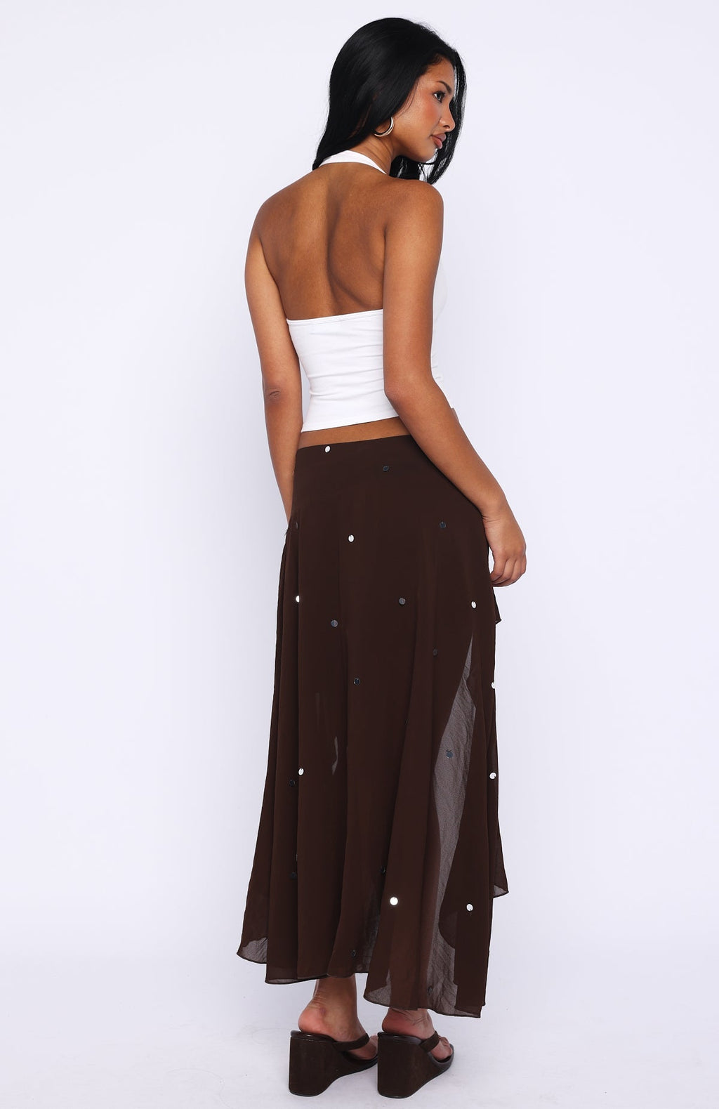 White Fox Starry Eyed Sequin Midi Skirt Chocolate