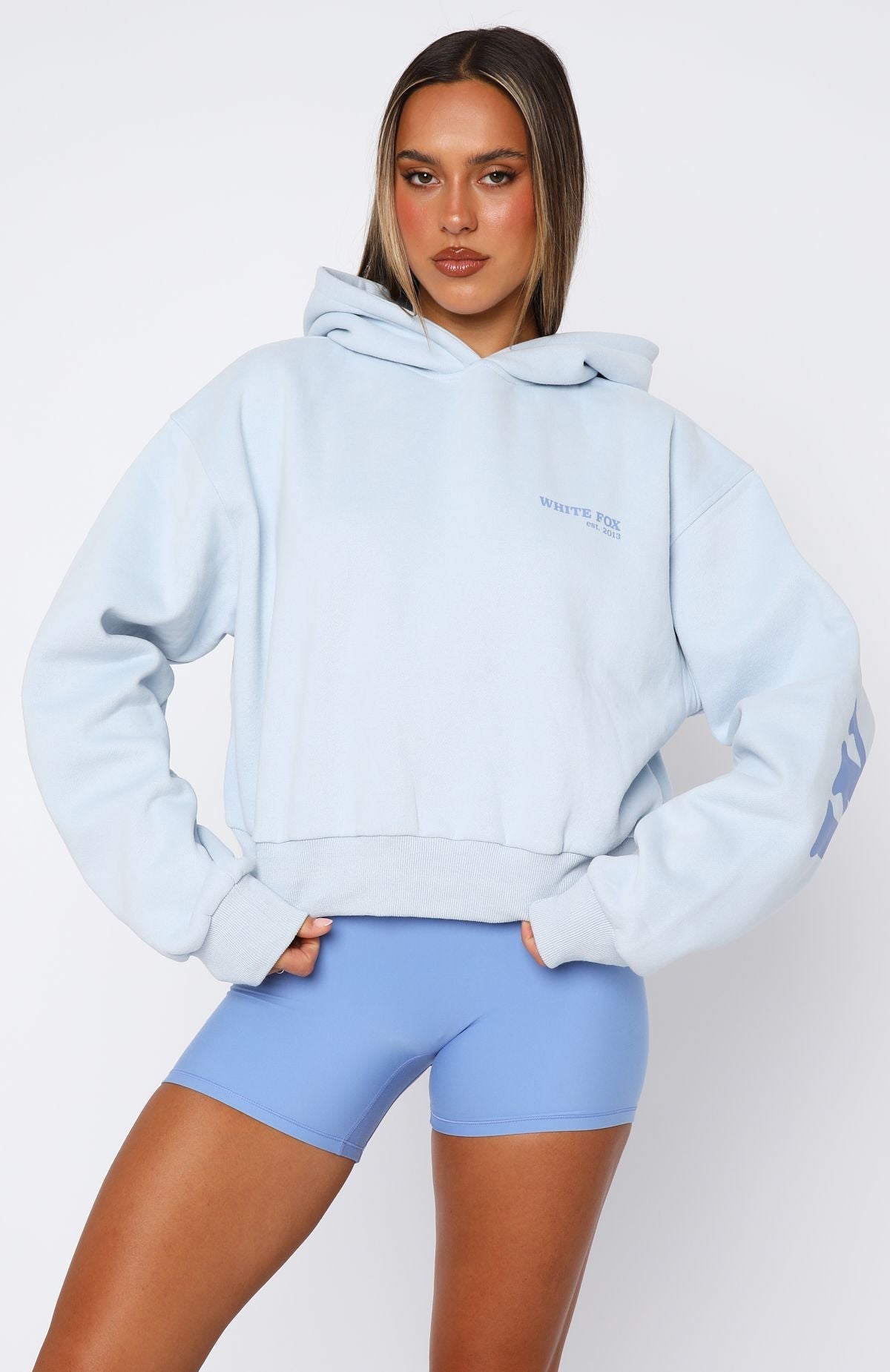 White Fox Serving Up Cropped Hoodie Baby Blue