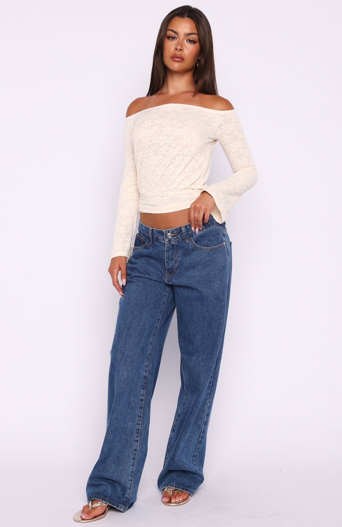 White Fox Dancing In The Rain Off Shoulder Long Sleeve Top Cream
