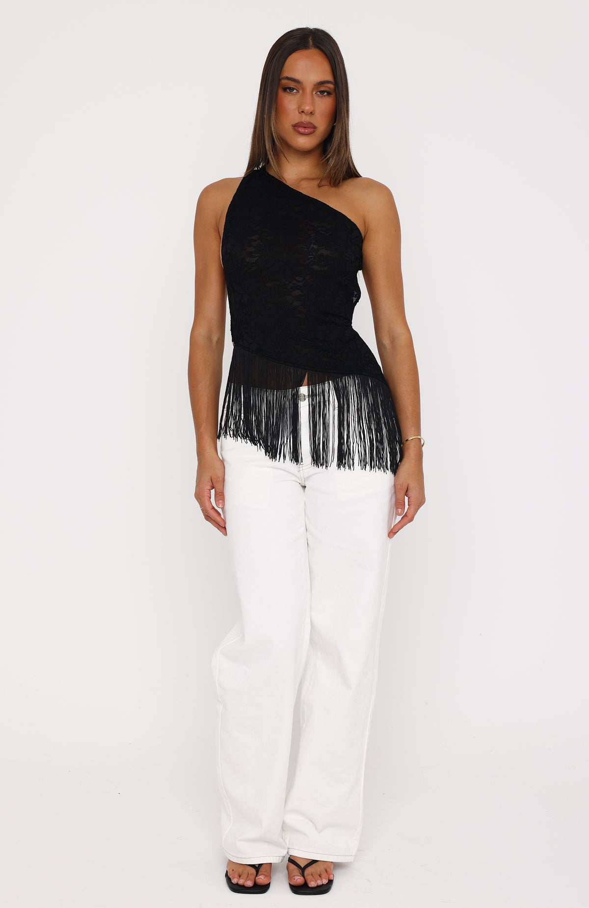 White Fox Even Better One Shoulder Fringe Top Black