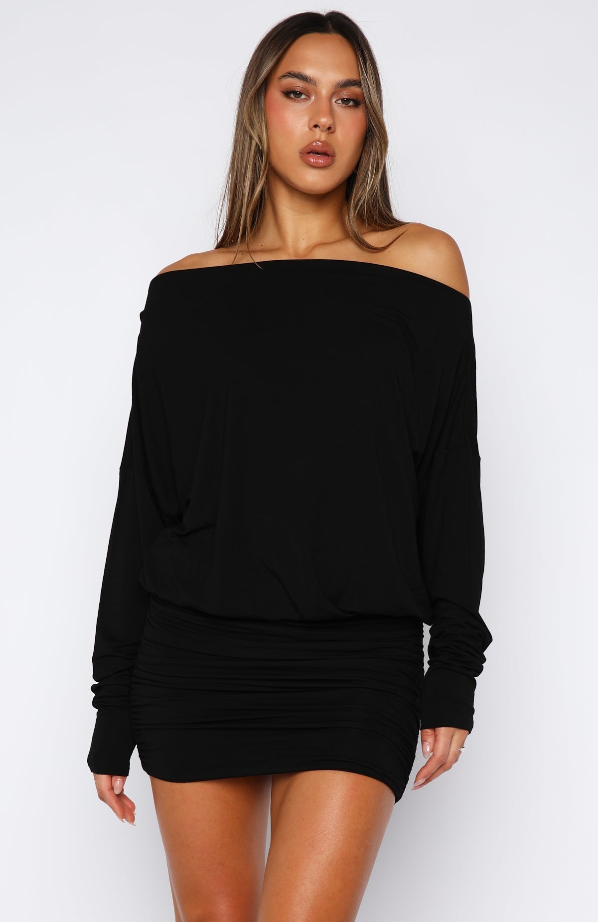 White Fox Take Your Turn Long Sleeve Mini Dress Black