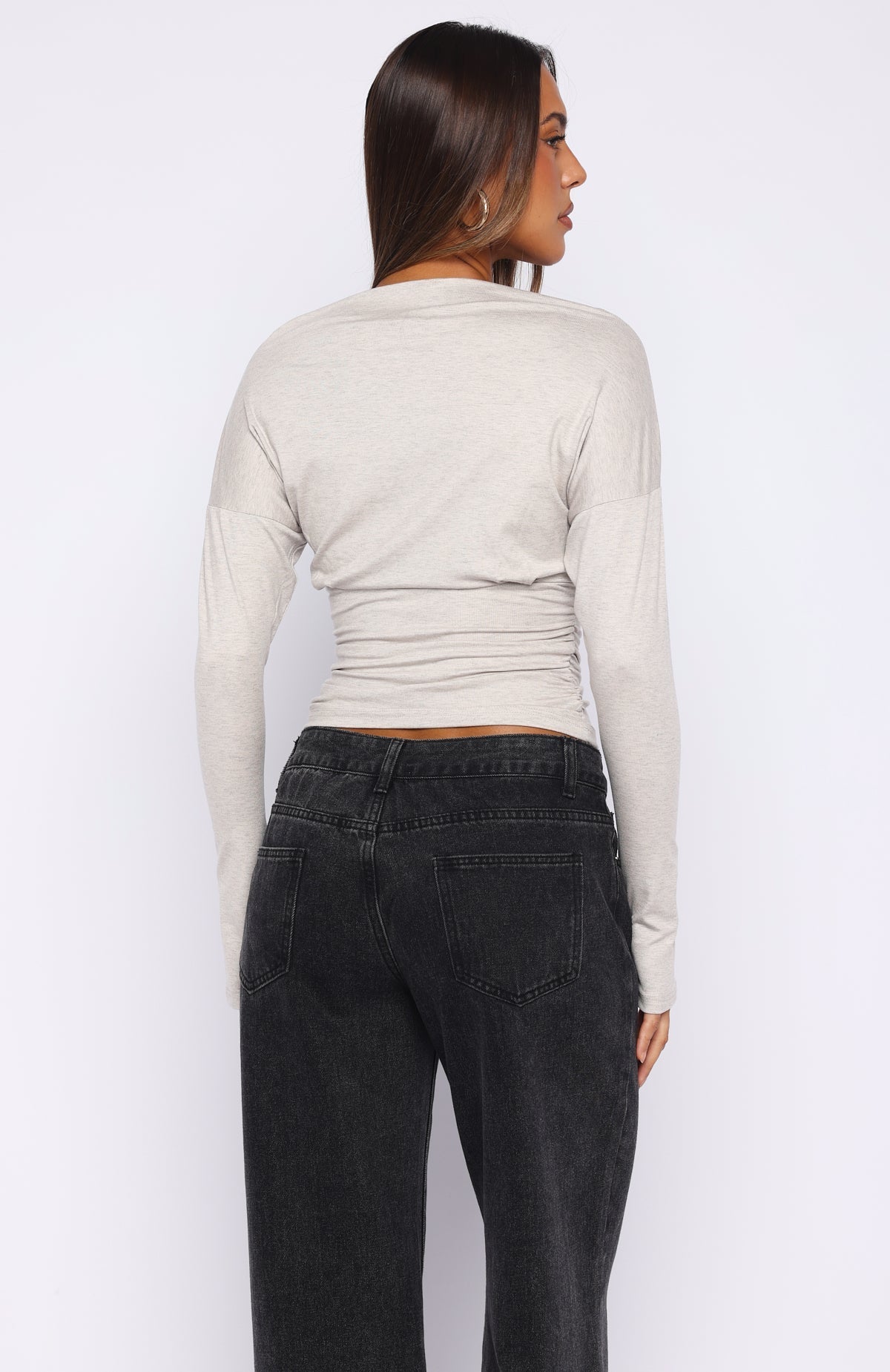 White Fox Another Time Cinched Waist Long Sleeve Top Light Grey Marle