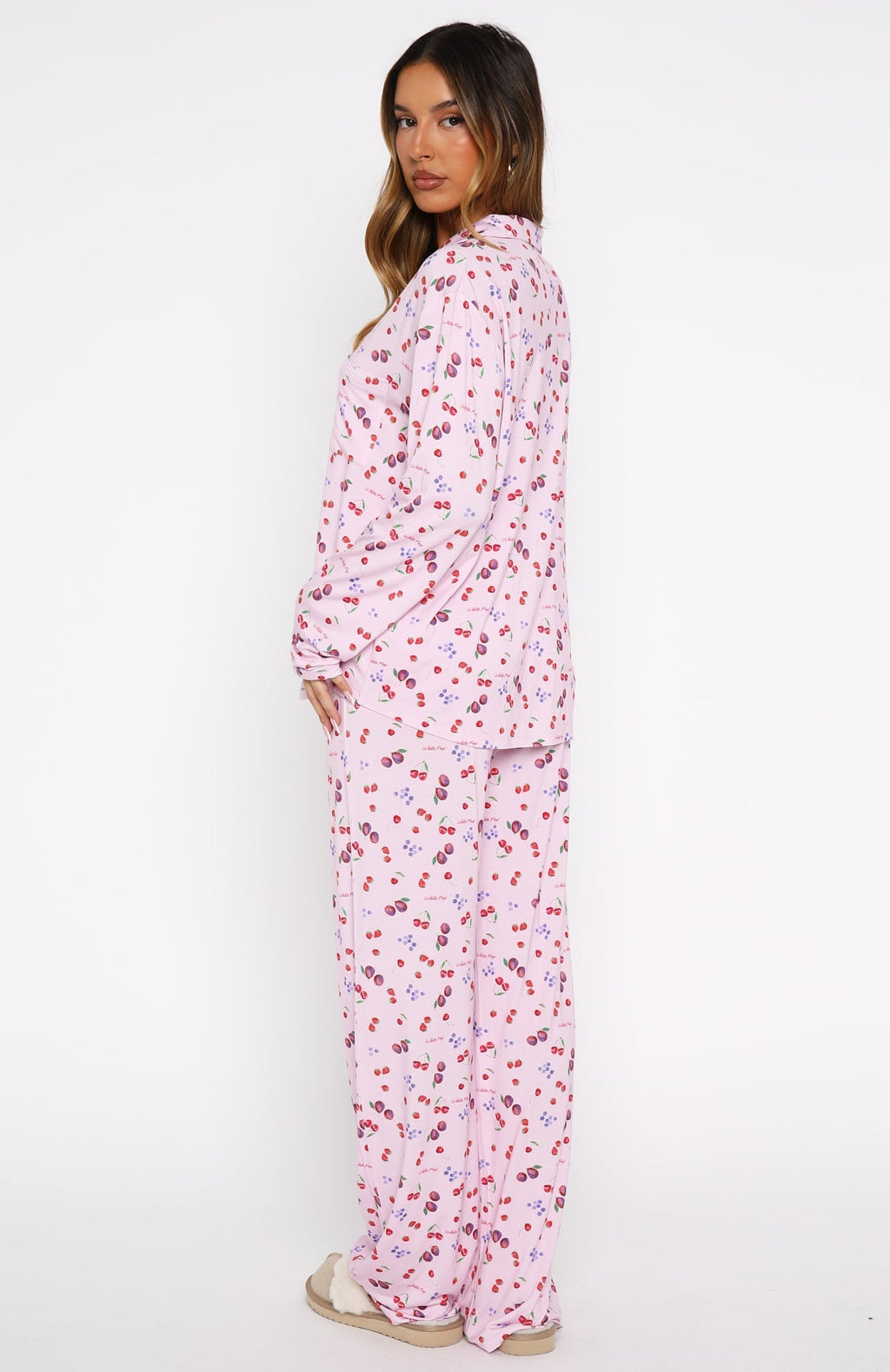 White Fox Pillow Talk Printed Long Sleeve Pyjama Set Pink Berries