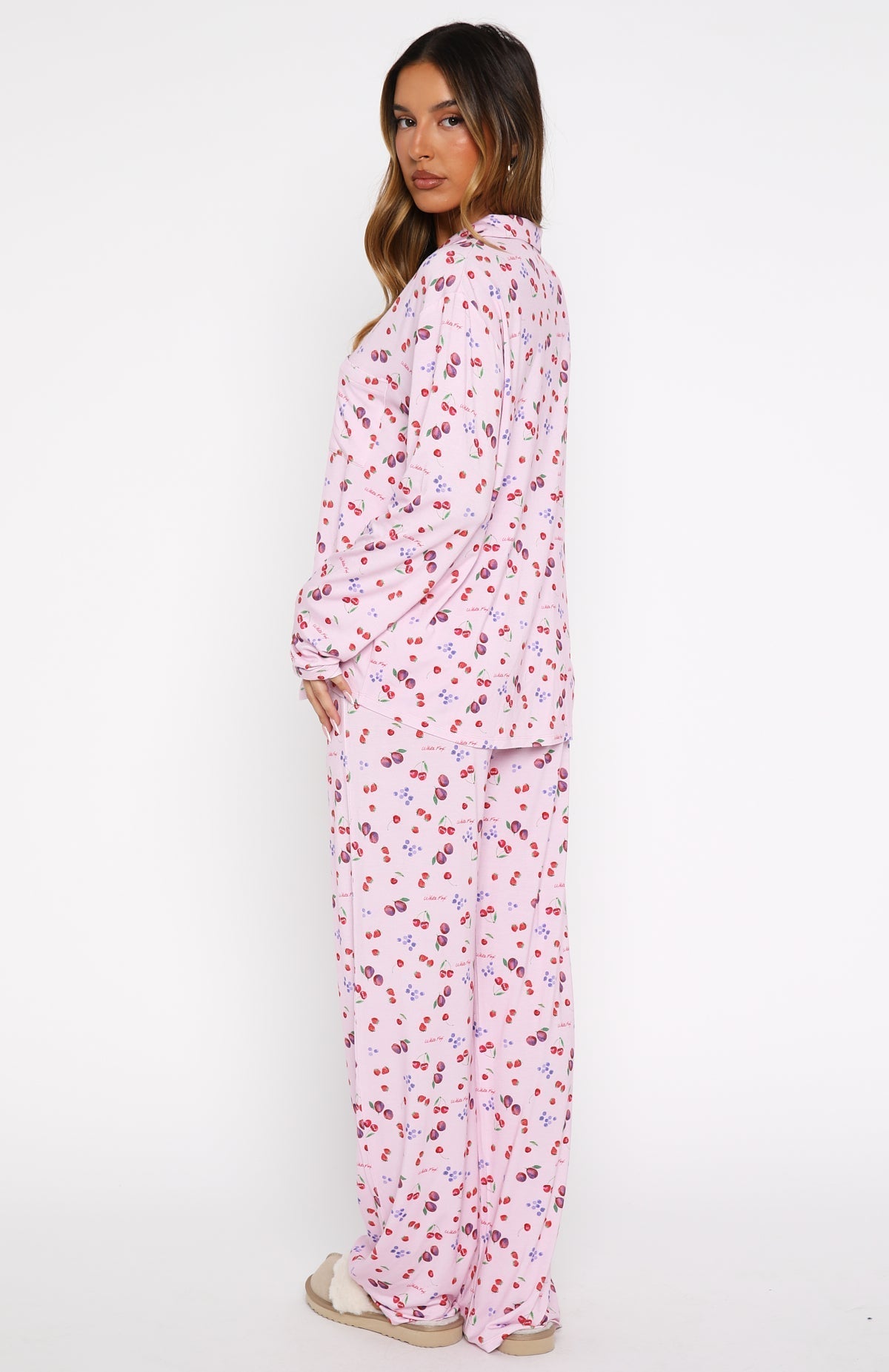 White Fox Pillow Talk Printed Long Sleeve Pyjama Set Pink Berries