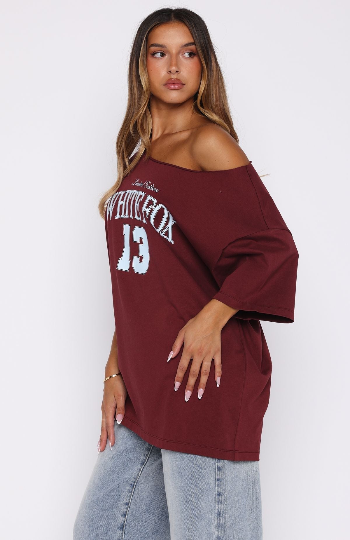 White Fox Everything In Time Off Shoulder Oversized Tee Burgundy