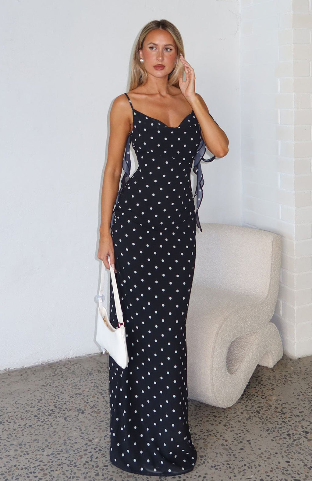 White Fox Love Blossoms Maxi Dress Black/White Polka Dot