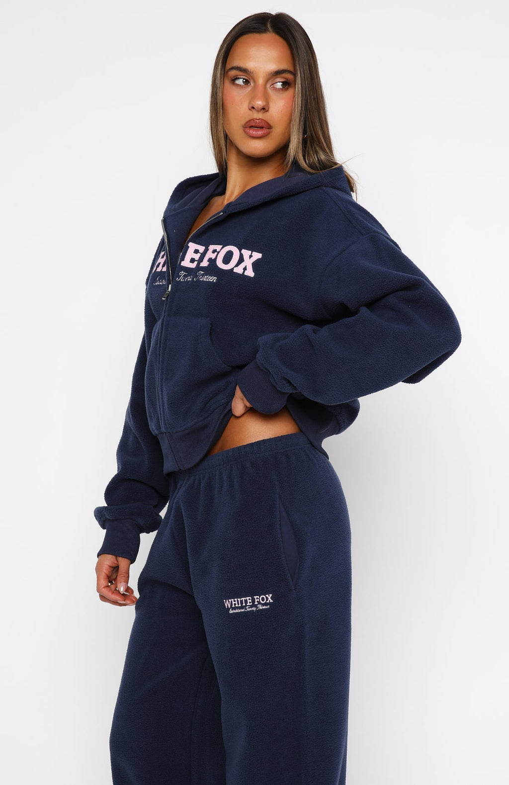 White Fox Just For Now Fleece Boxy Zip Front Hoodie Navy