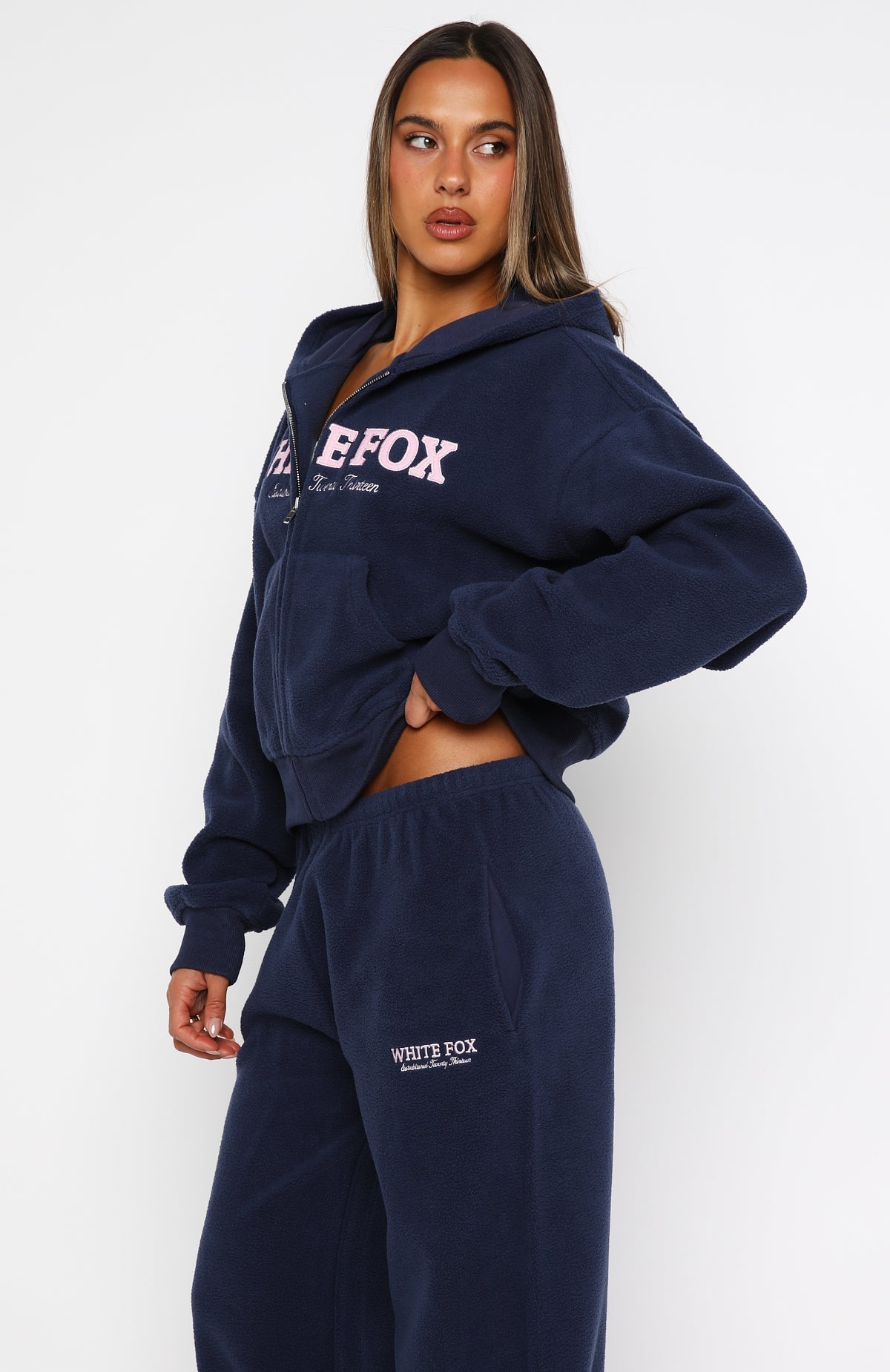 White Fox Just For Now Fleece Boxy Zip Front Hoodie Navy
