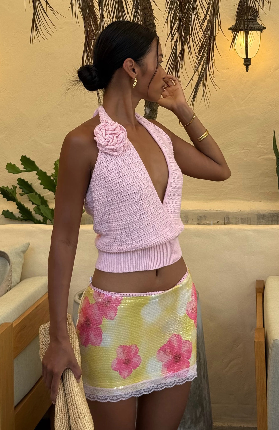 White Fox Salty Shores Sequin Mini Skirt Sunlit Hibiscus