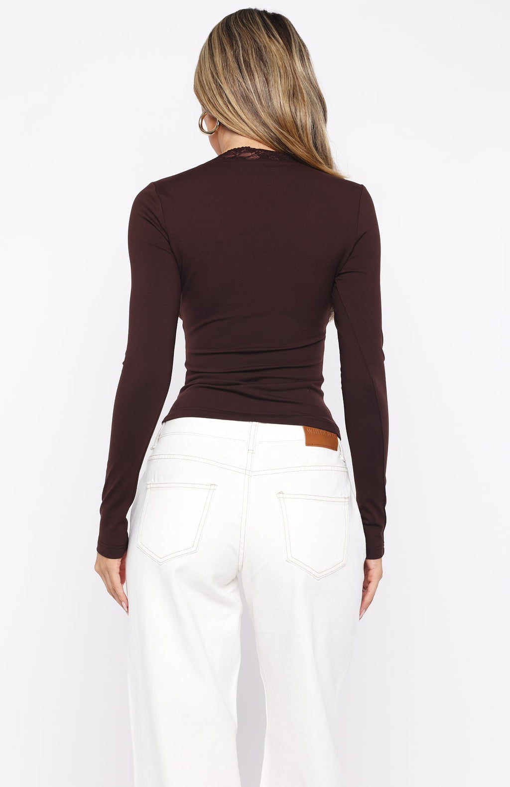 White Fox Knew That All Along Lace Trim Long Sleeve Top Chocolate