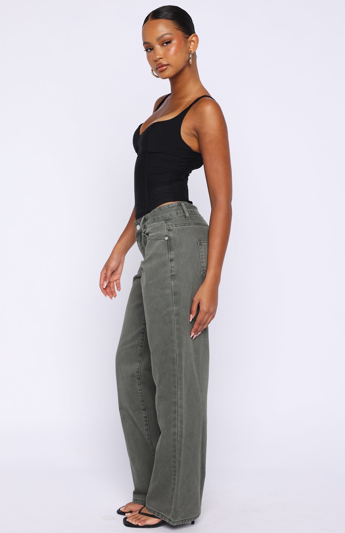 White Fox Bring The Style Low Rise Wide Leg Jeans Olive Wash