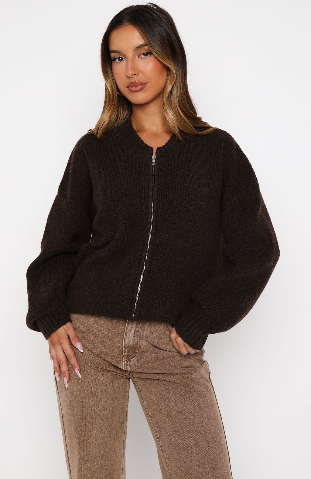 White Fox Unbreakable Bond Knit Jacket Chocolate