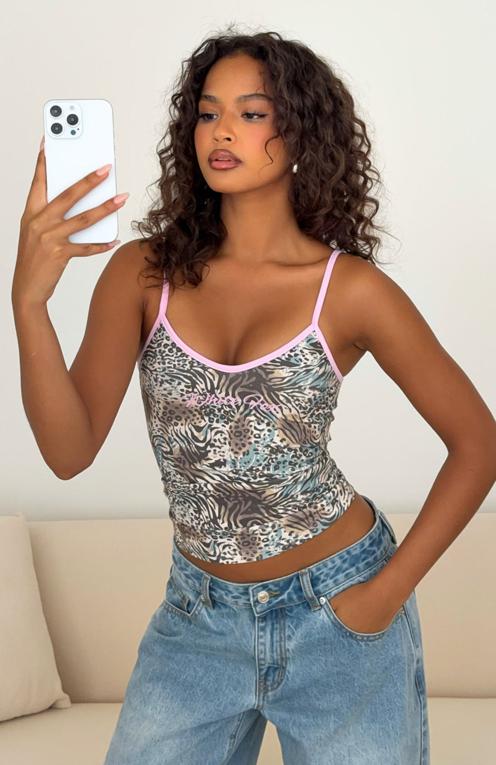 White Fox Nothing Less V Neck Singlet Animal Print