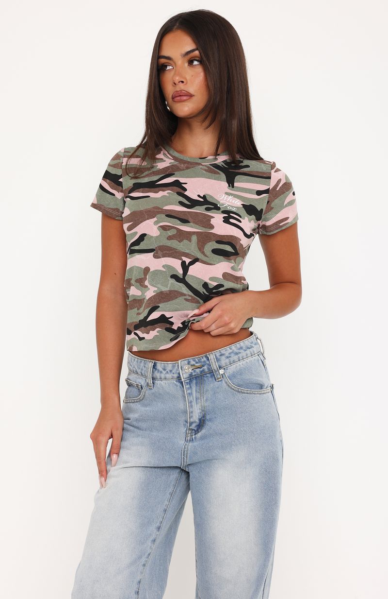 White Fox Keeping Track Relaxed Baby Tee Camo Print
