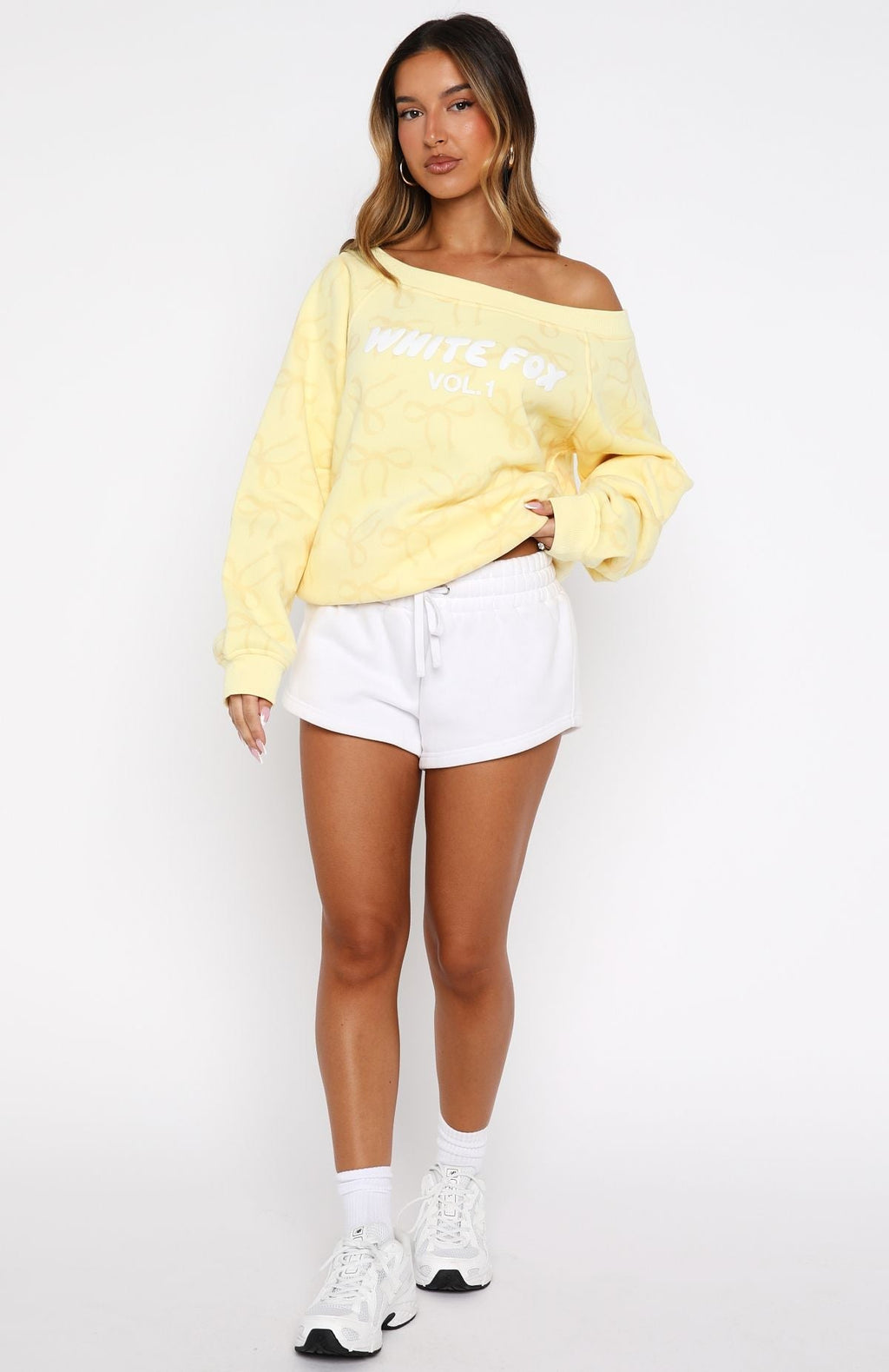 White Fox Vol. 1 Off Shoulder Printed Sweater Lemon Bow