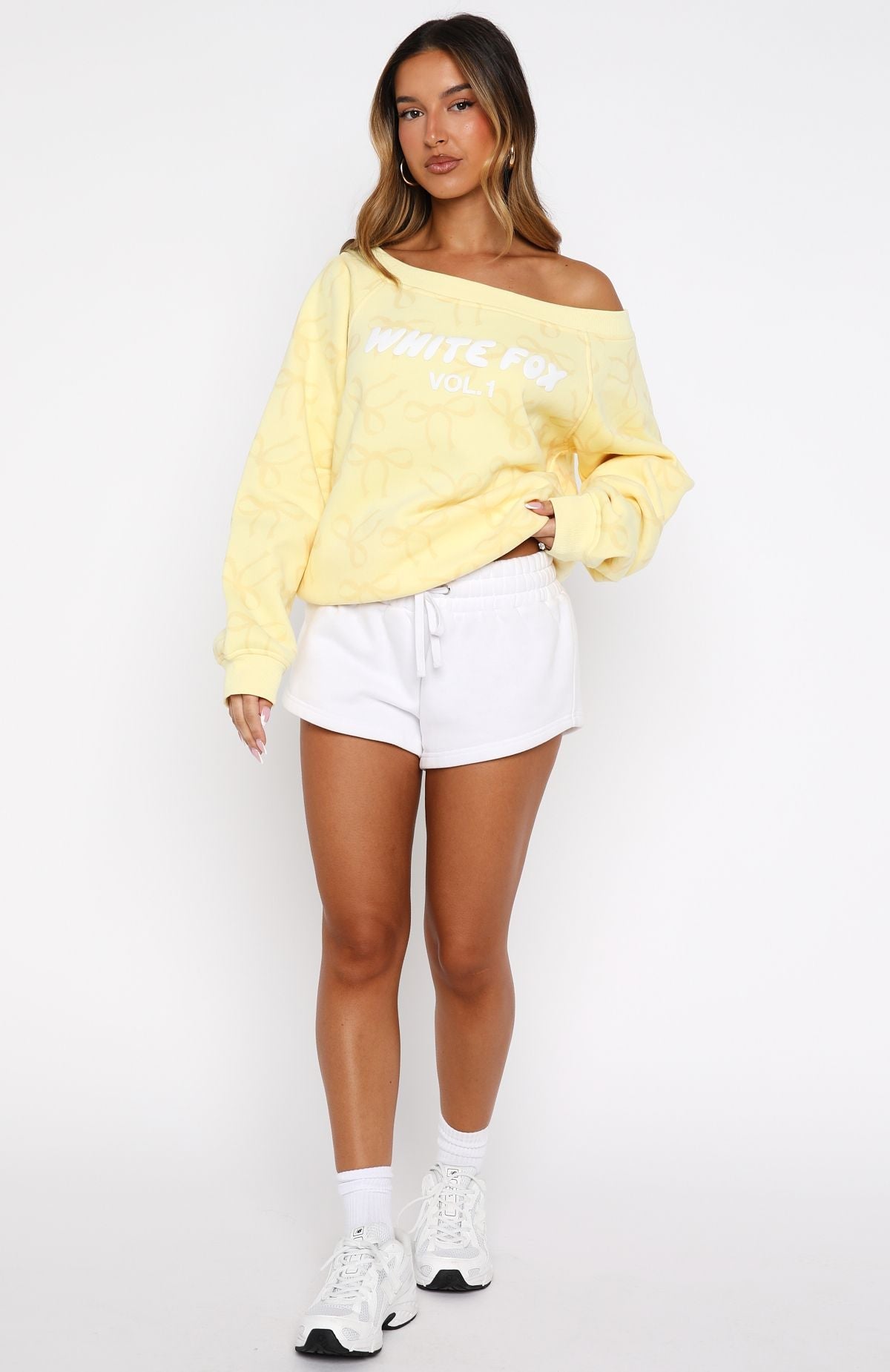 White Fox Vol. 1 Off Shoulder Printed Sweater Lemon Bow