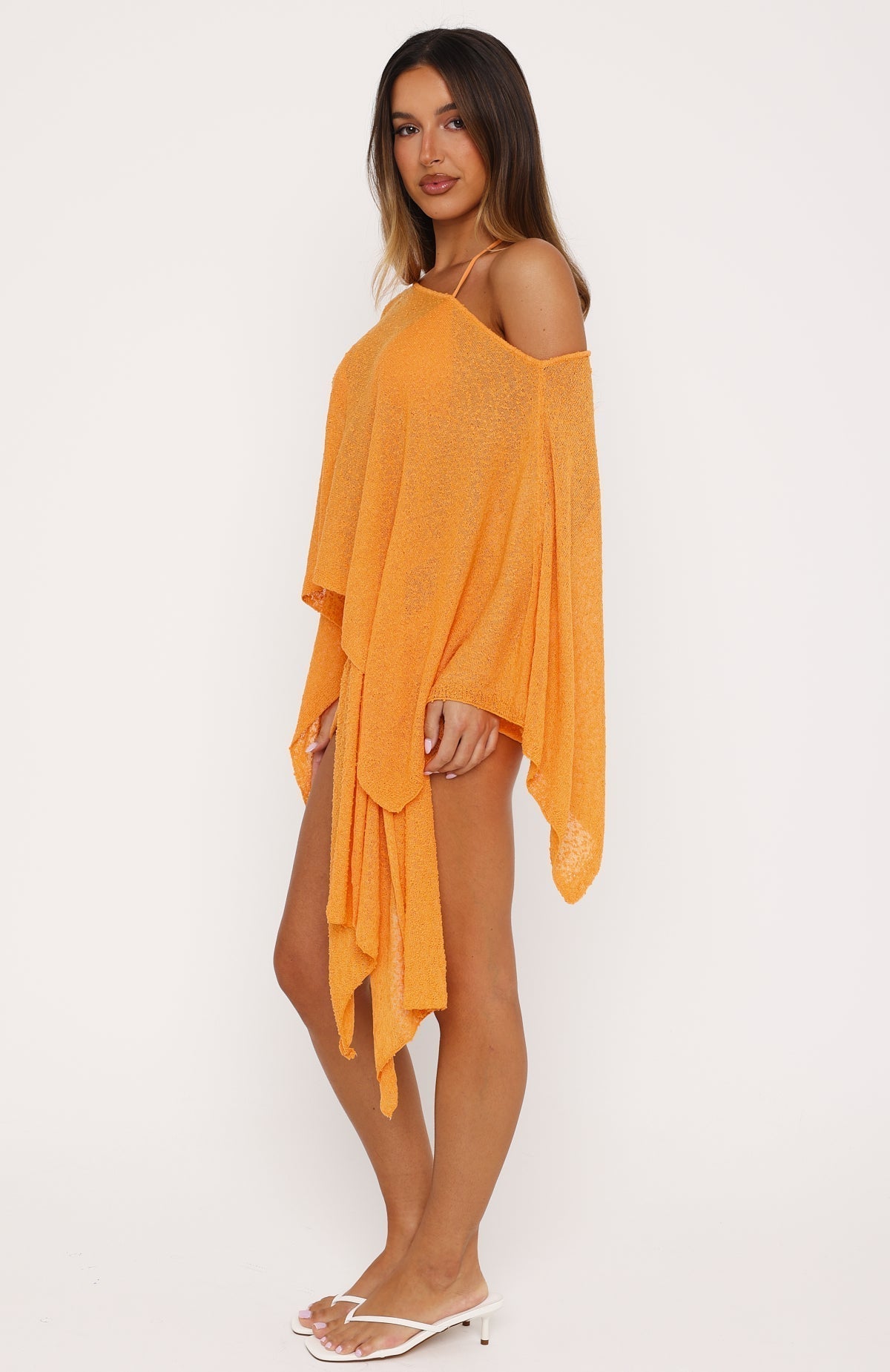 White Fox Sunset Silhouette Knit Poncho Top Marigold