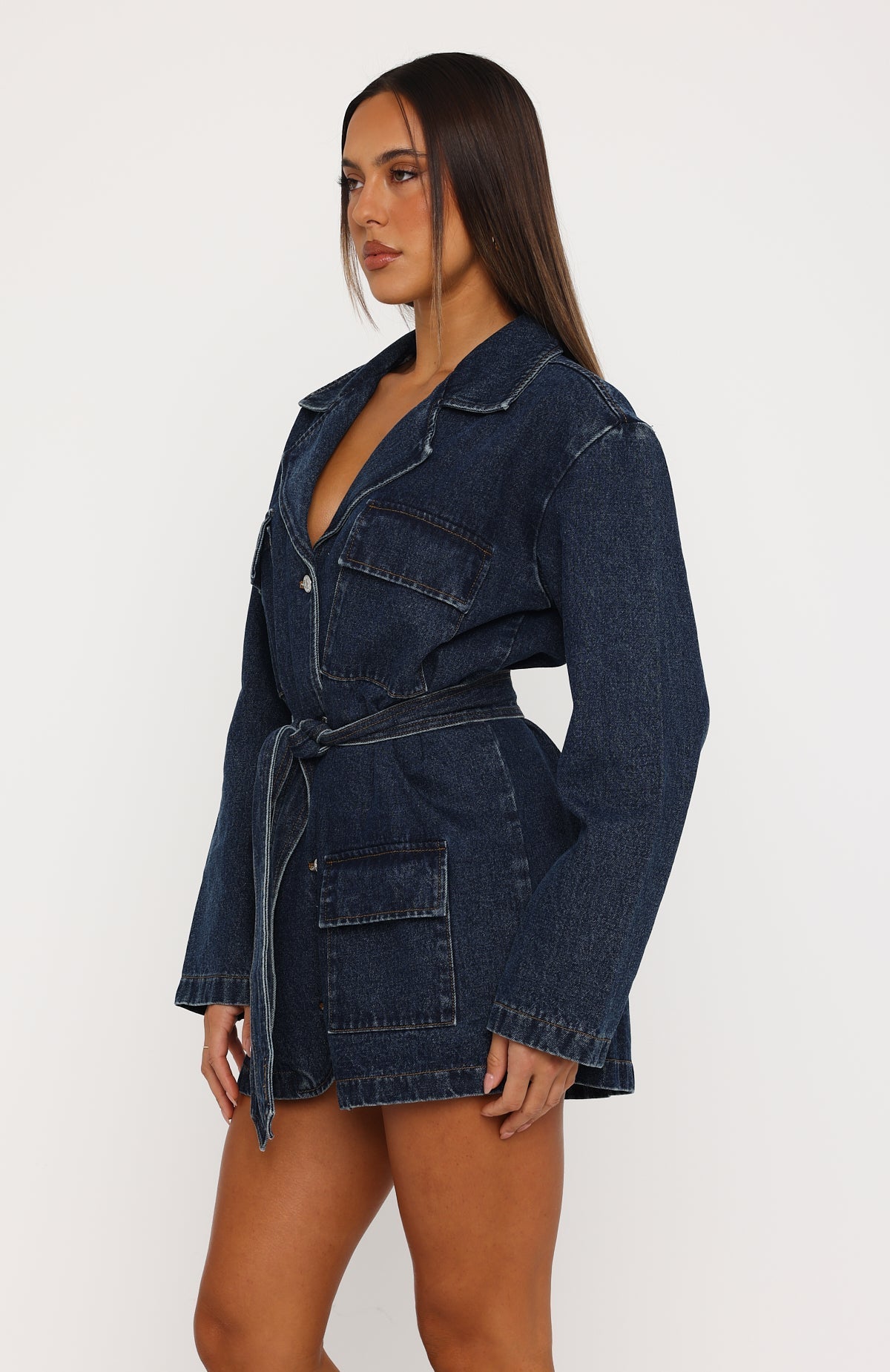 White Fox Freefall Romance Long Sleeve Denim Dress Dark Blue