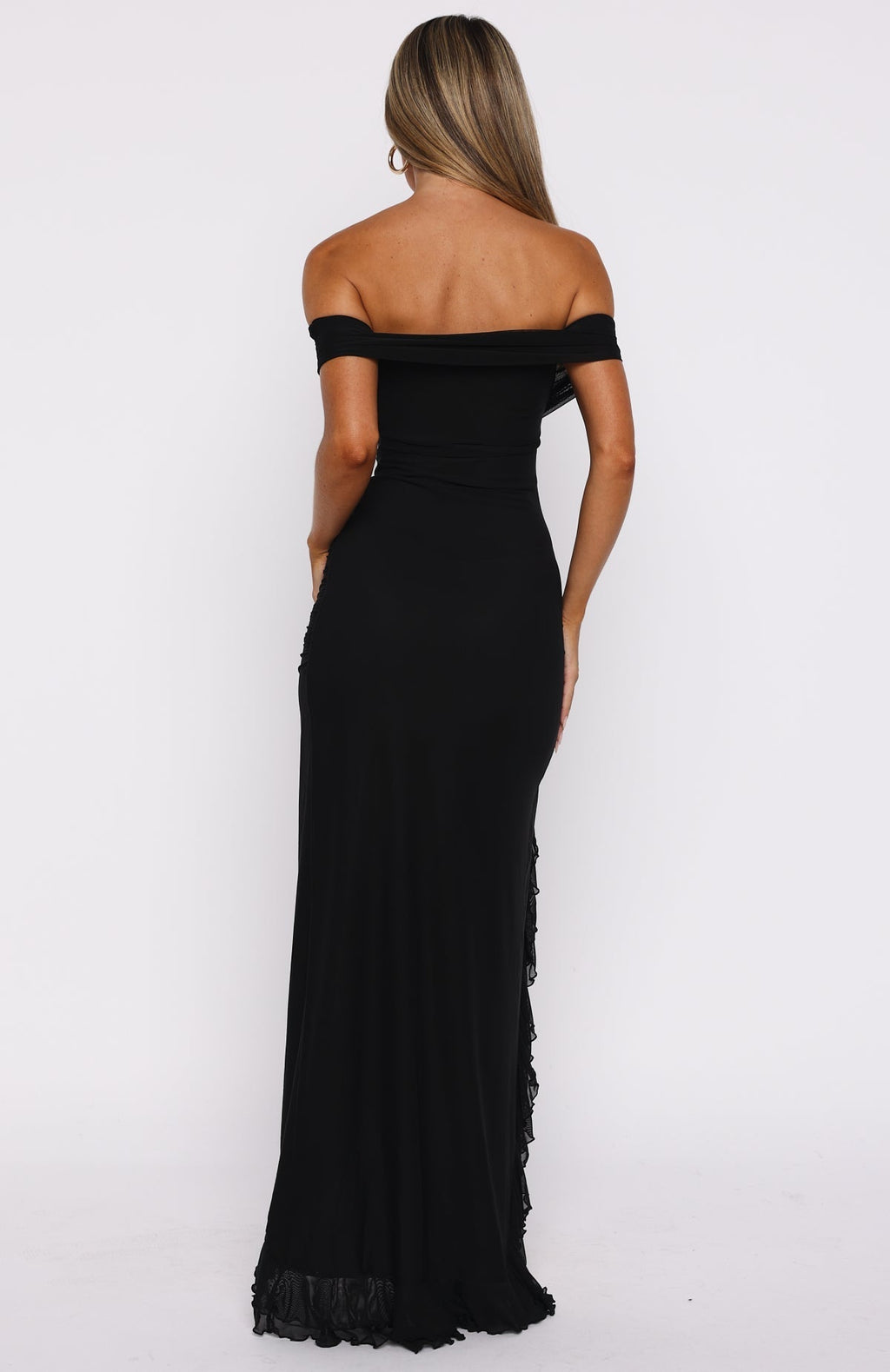 White Fox Icon In Motion Off Shoulder Maxi Dress Black