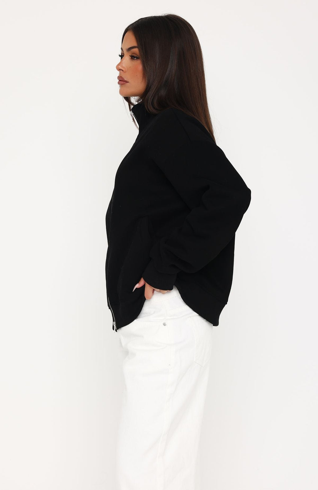 White Fox Such A Dream Oversized Zip Front Funnel Neck Jacket Black