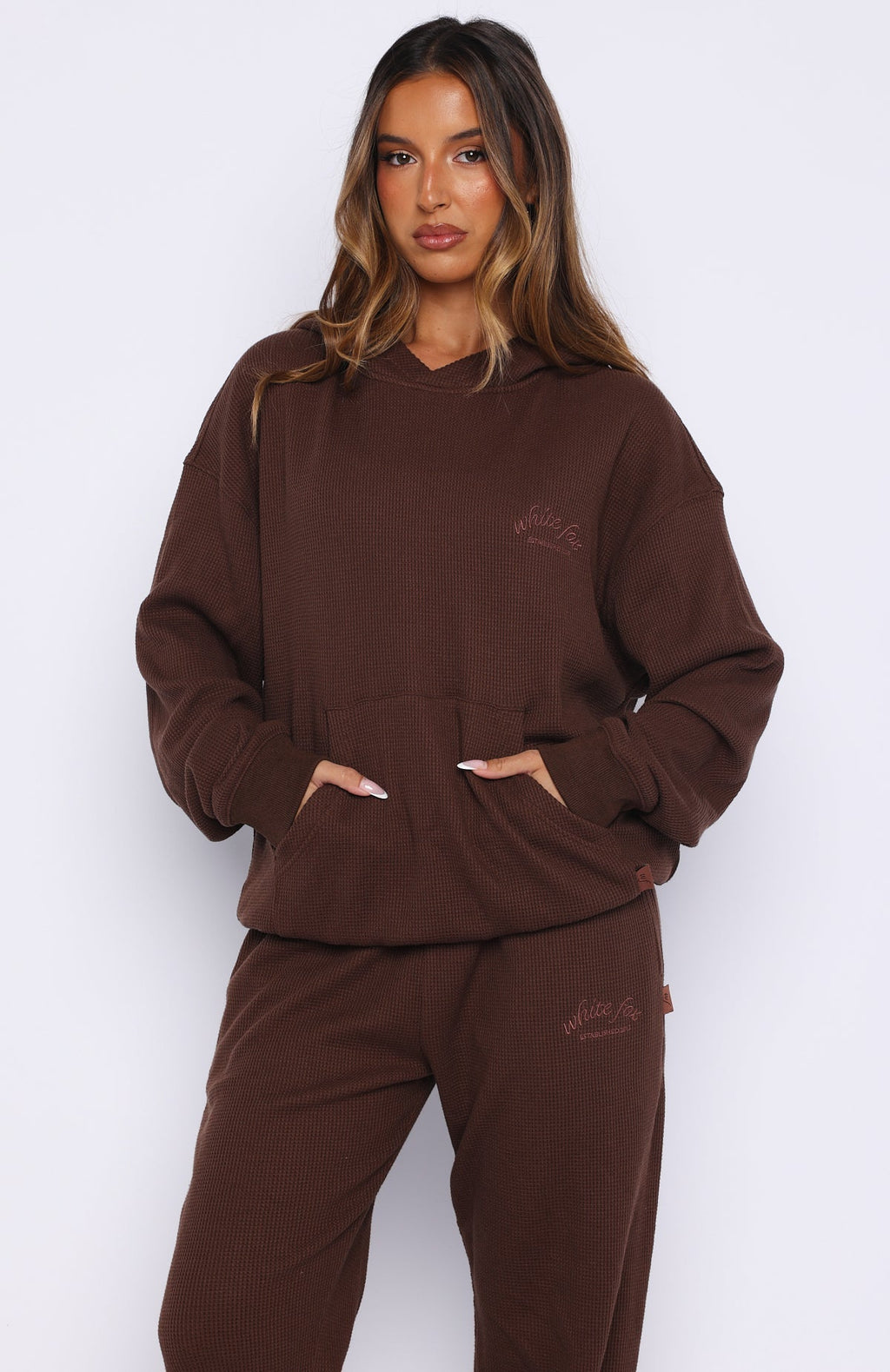 White Fox Moving Out Waffle Oversized Hoodie Chocolate