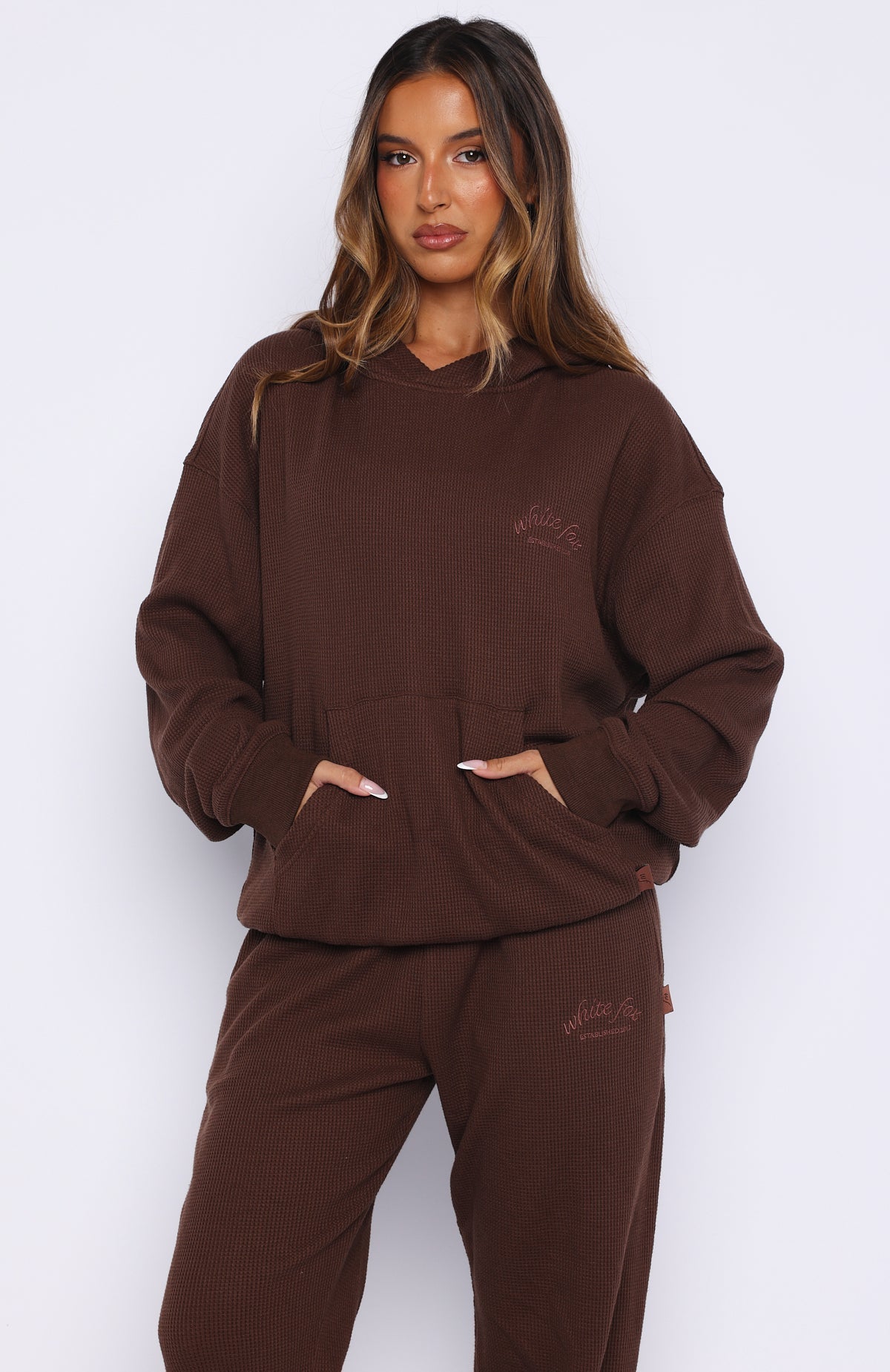 White Fox Moving Out Waffle Oversized Hoodie Chocolate