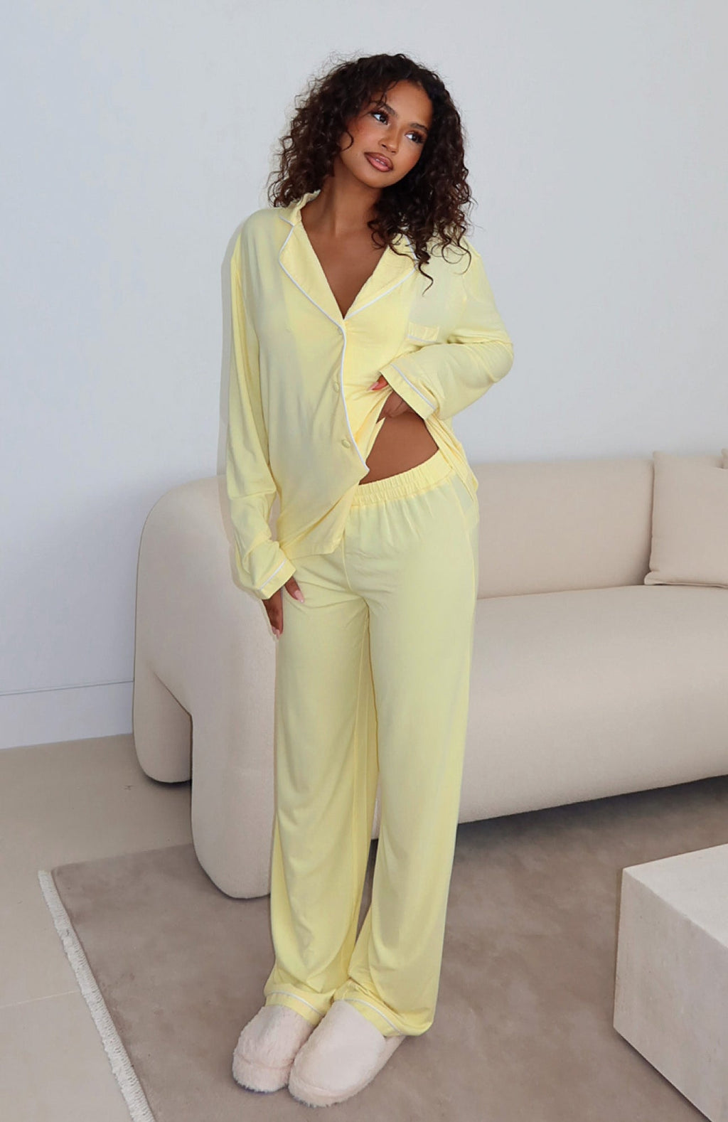 White Fox Airplane Mode Modal Wide Leg Pyjama Pants Lemon