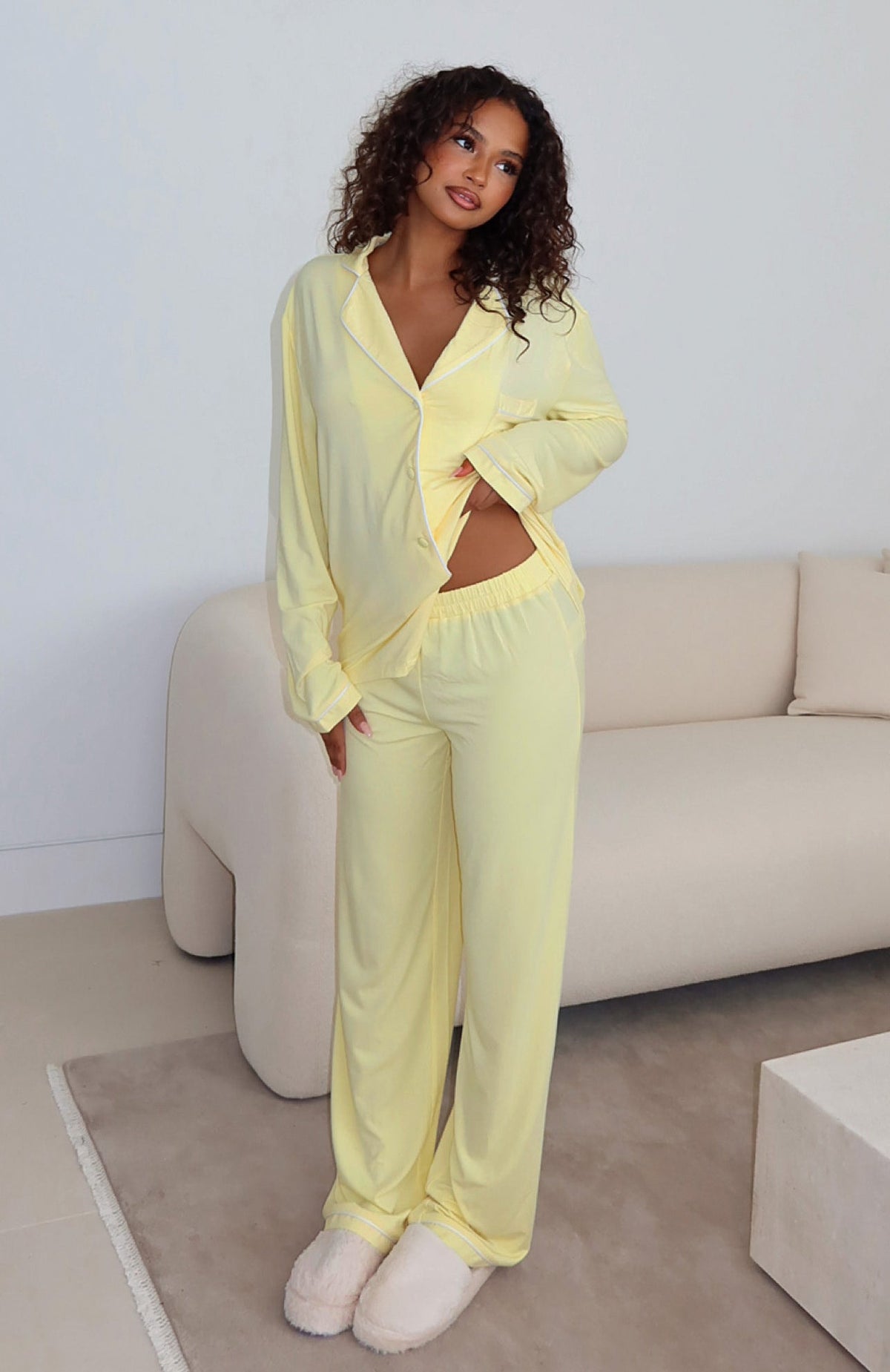 White Fox Airplane Mode Modal Wide Leg Pyjama Pants Lemon