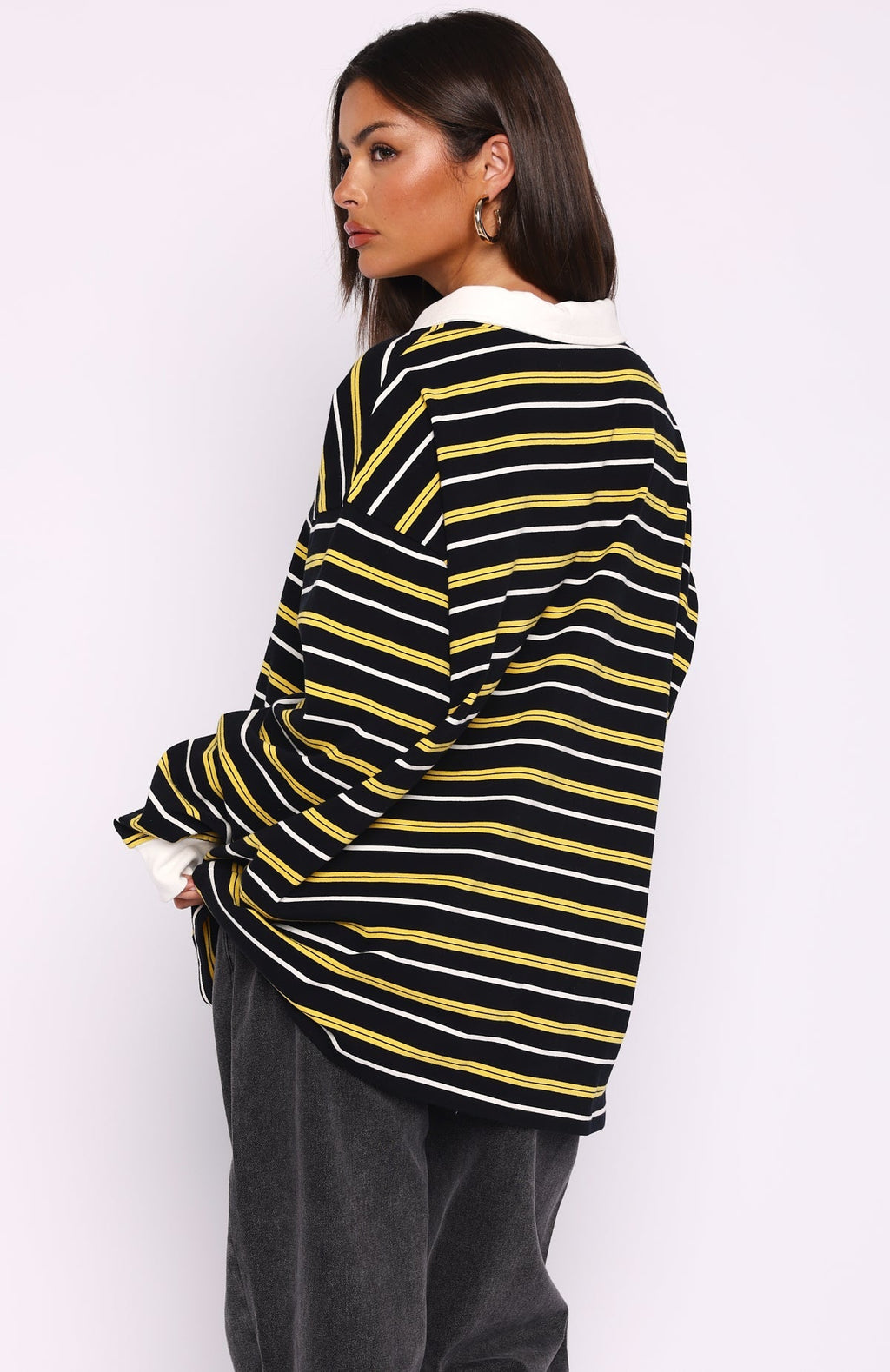 White Fox Gentle Affection Long Sleeve Rugby Shirt Black/Yellow Stripe
