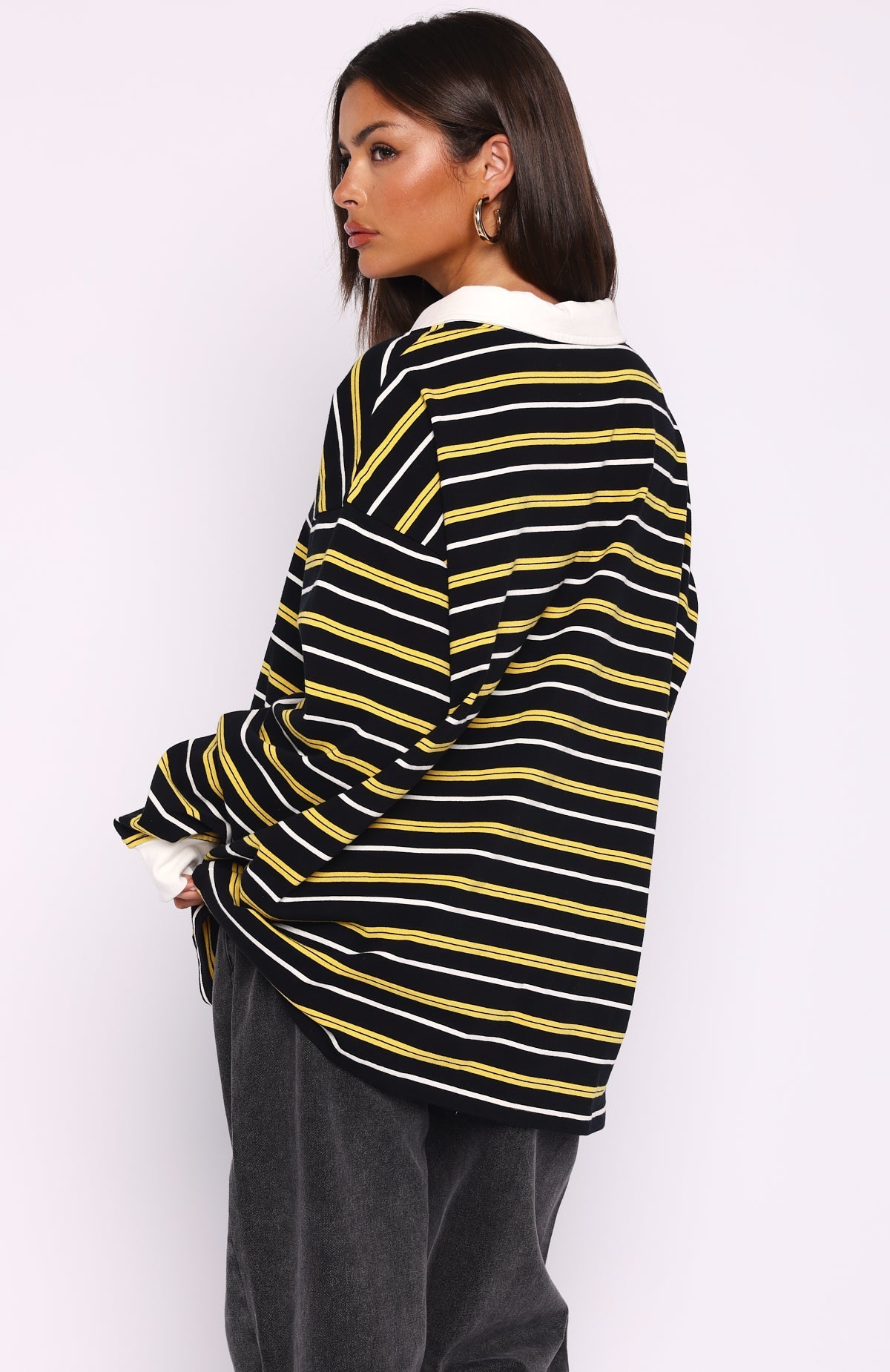 White Fox Gentle Affection Long Sleeve Rugby Shirt Black/Yellow Stripe