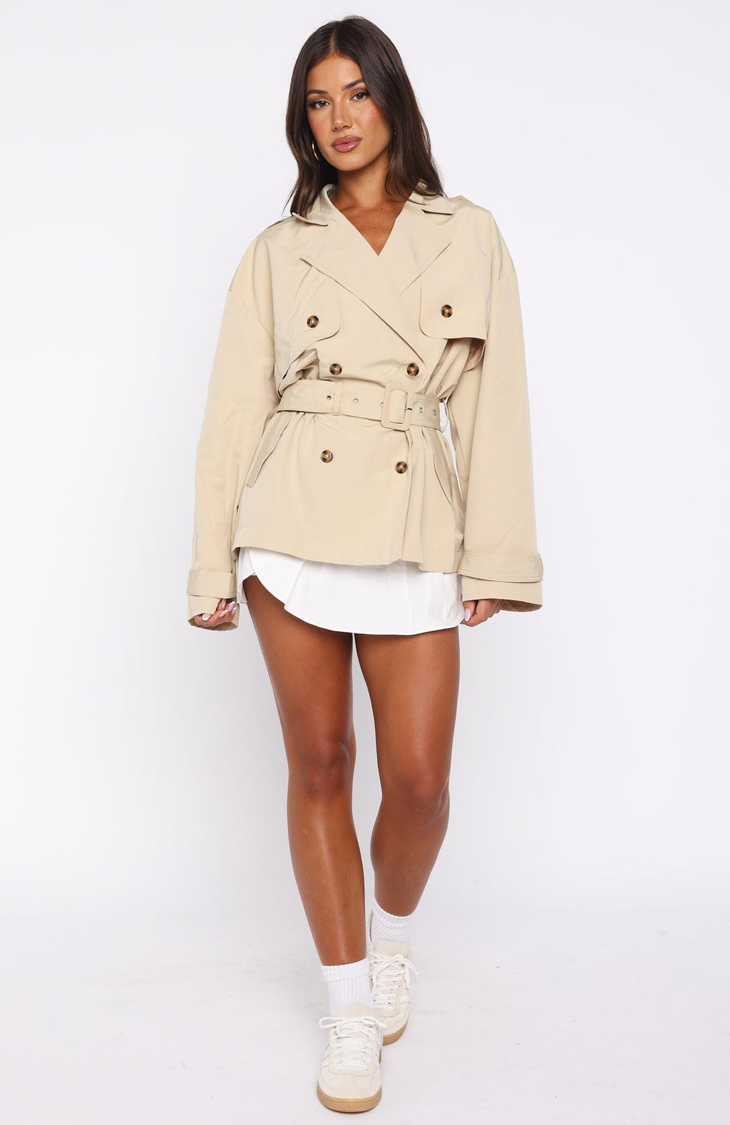 White Fox She's Popular Cropped Trench Sand