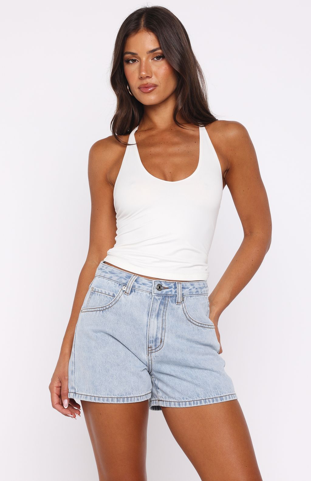 White Fox Maddy High Rise Denim Shorts Mid Blue