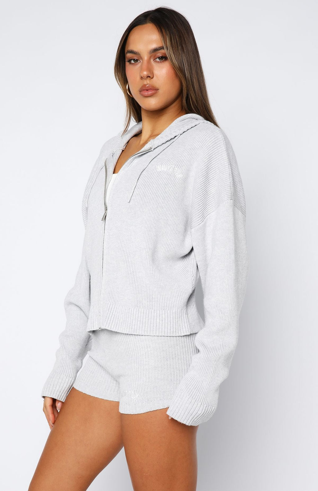 White Fox Floating By Knit Zip Front Hoodie Grey Marle