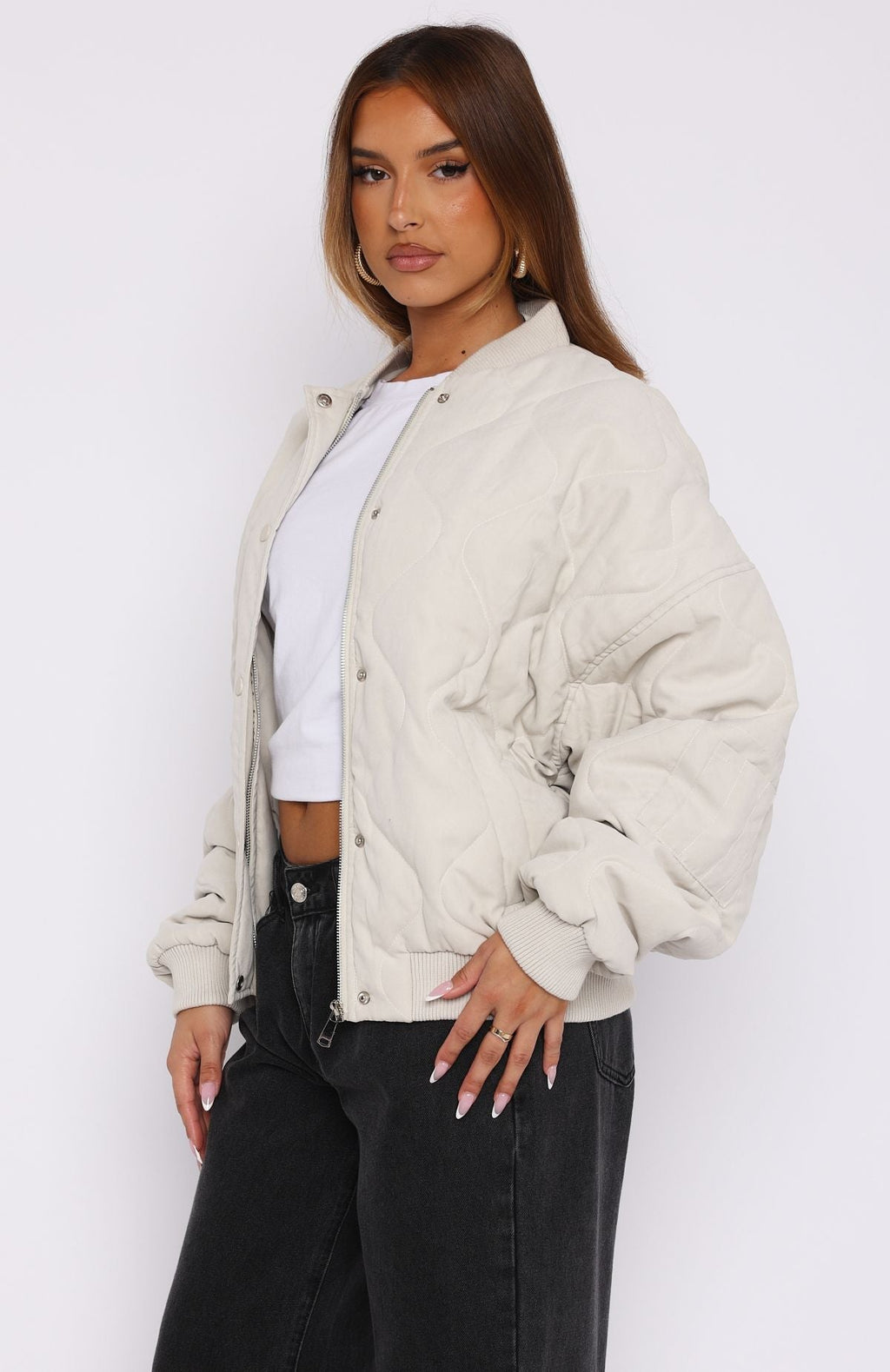 White Fox Soft Love Bomber Jacket Beige