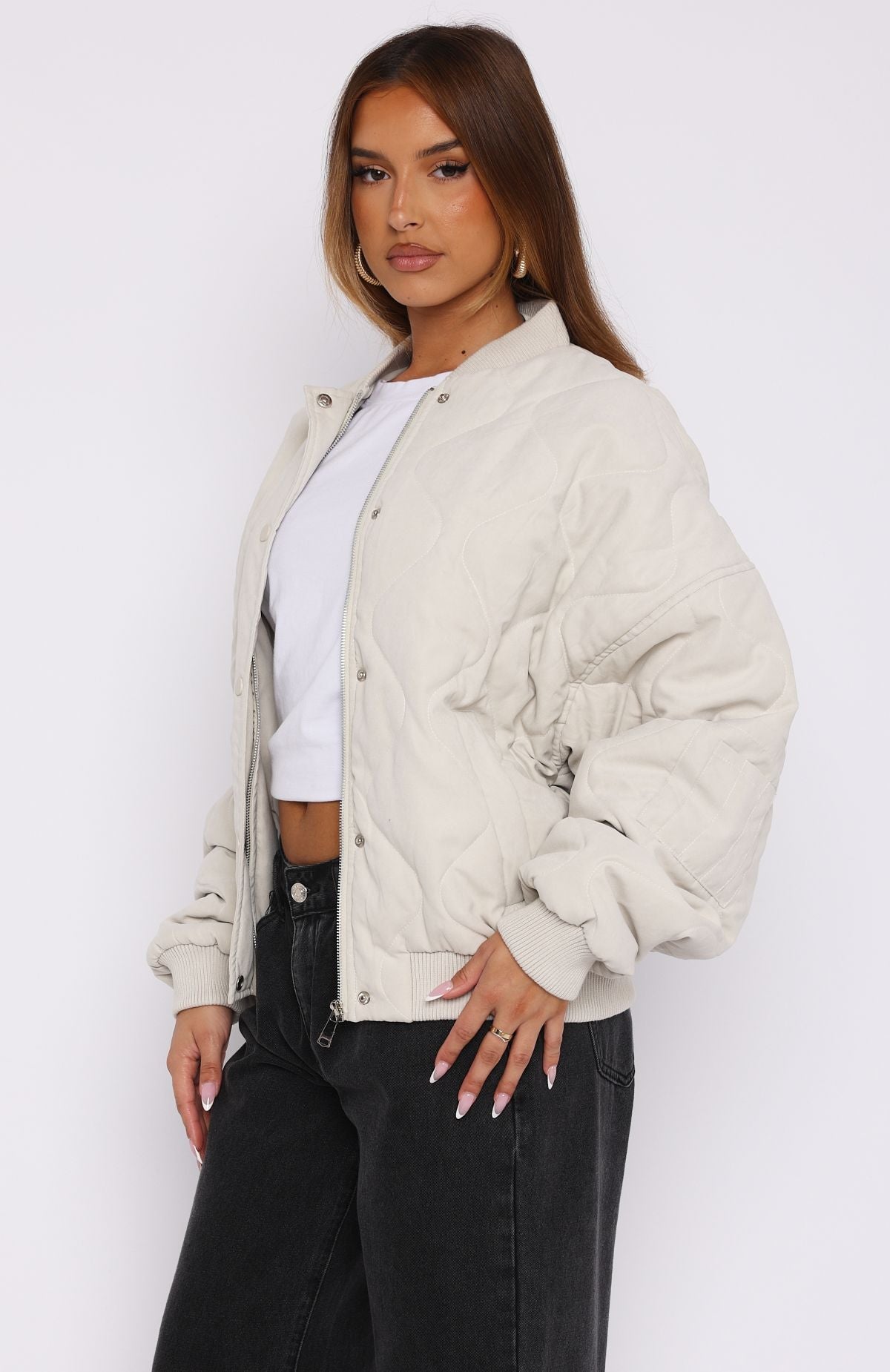 White Fox Soft Love Bomber Jacket Beige
