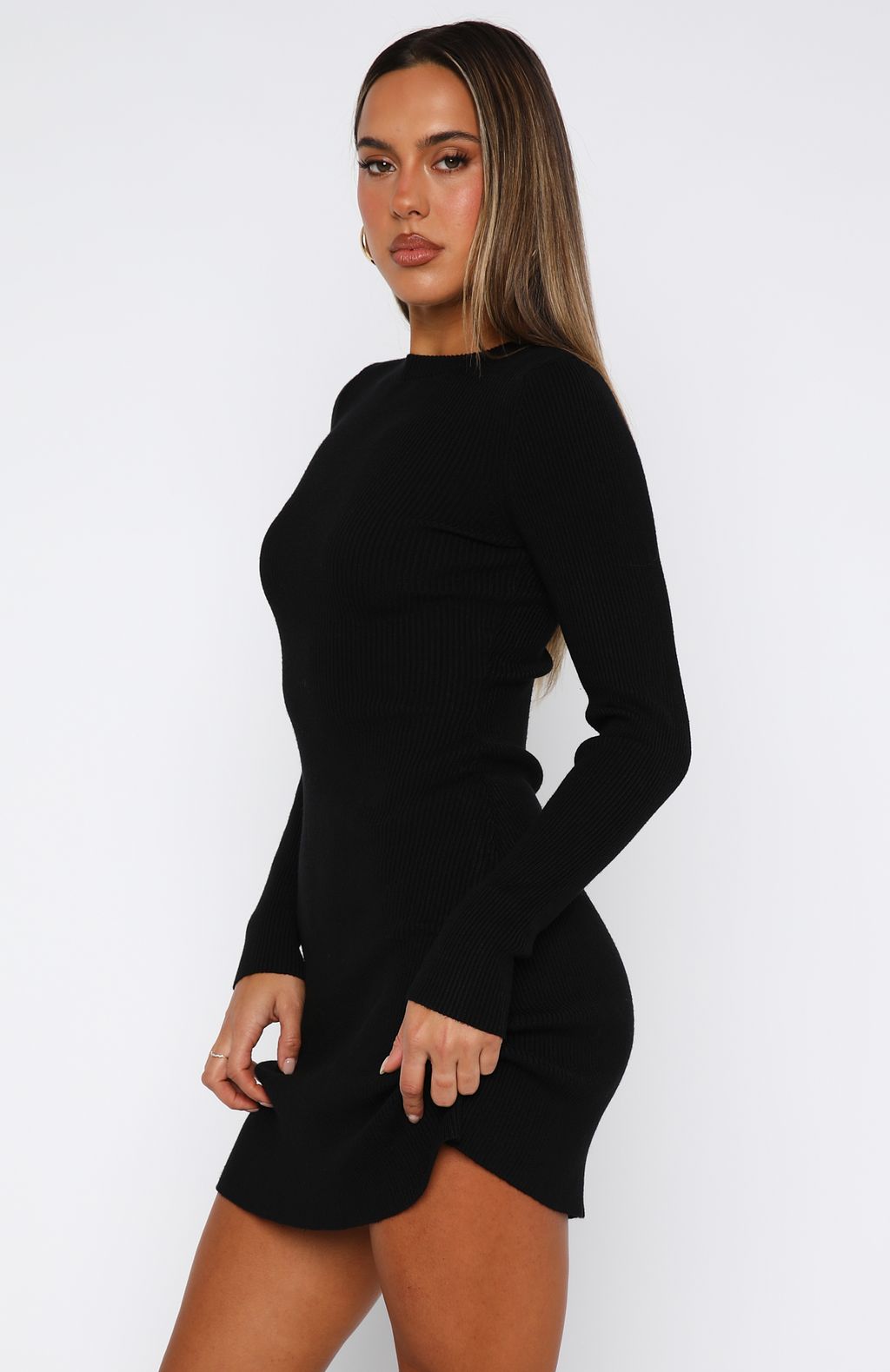 White Fox Let's Be Together Long Sleeve Mini Dress Black
