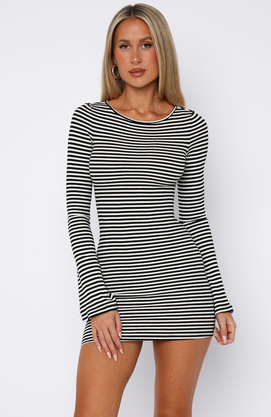 White Fox Lost Files Long Sleeve Mini Dress Black/White Stripe