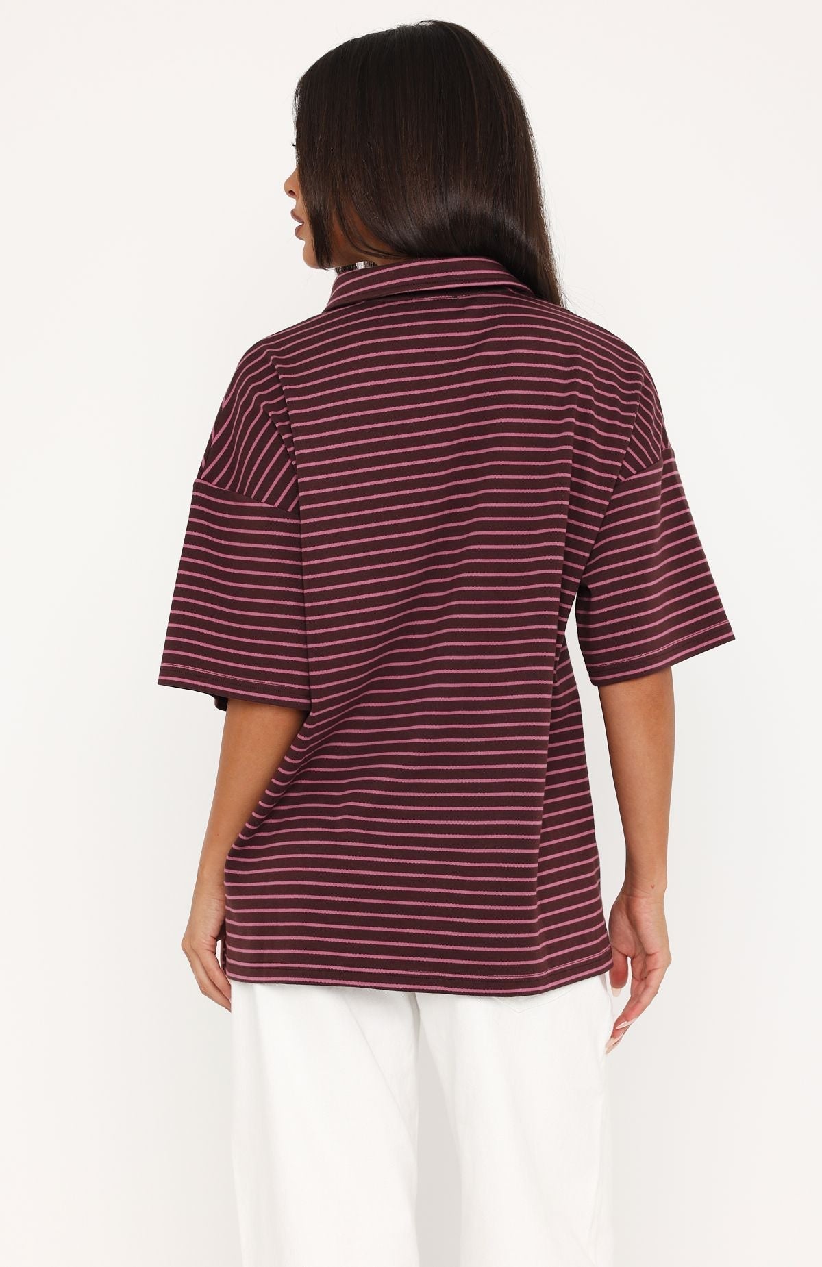 White Fox Pure Intent Oversized Short Sleeve Polo Shirt Choc / Pink Stripe