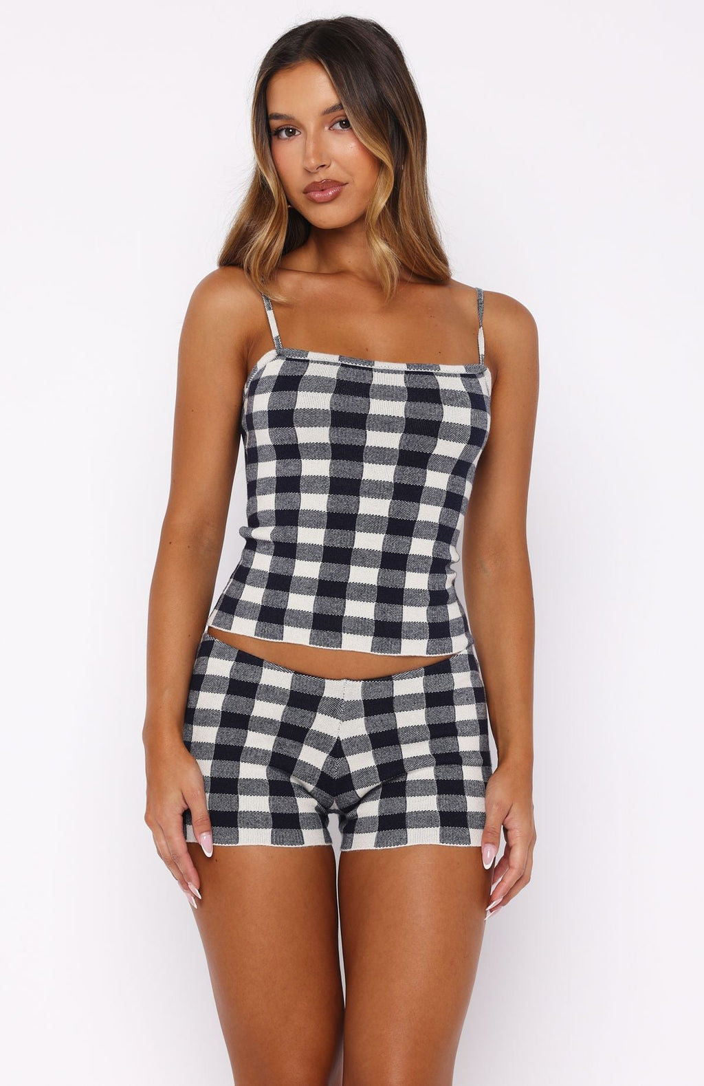 White Fox Iconic Duo Knit Mini Shorts Navy/Cream Gingham