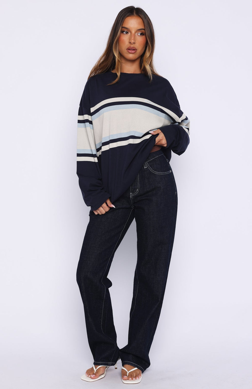 White Fox Too Cool For You Oversized Long Sleeve Tee Navy