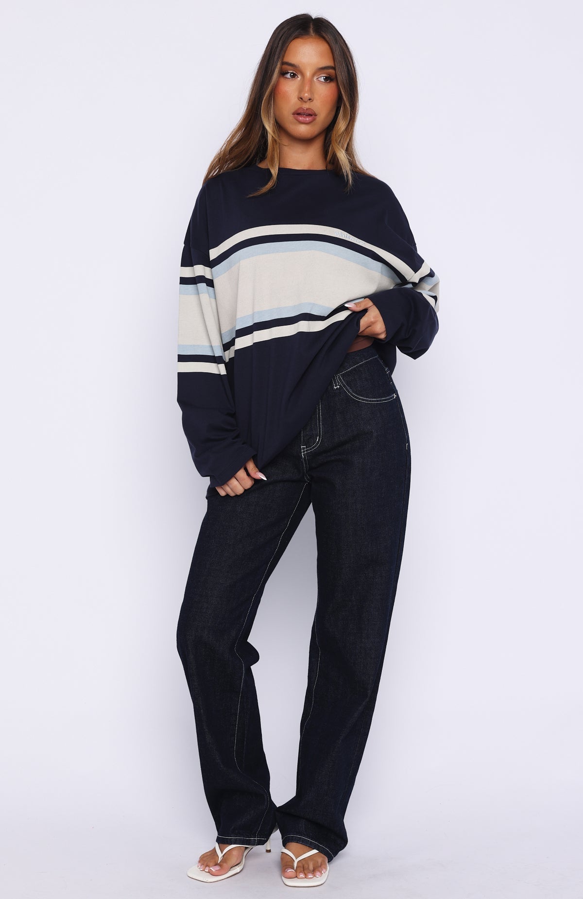 White Fox Too Cool For You Oversized Long Sleeve Tee Navy