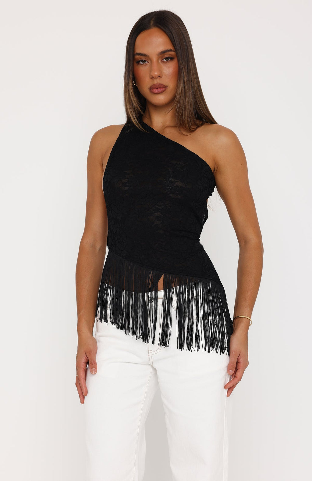 White Fox Even Better One Shoulder Fringe Top Black