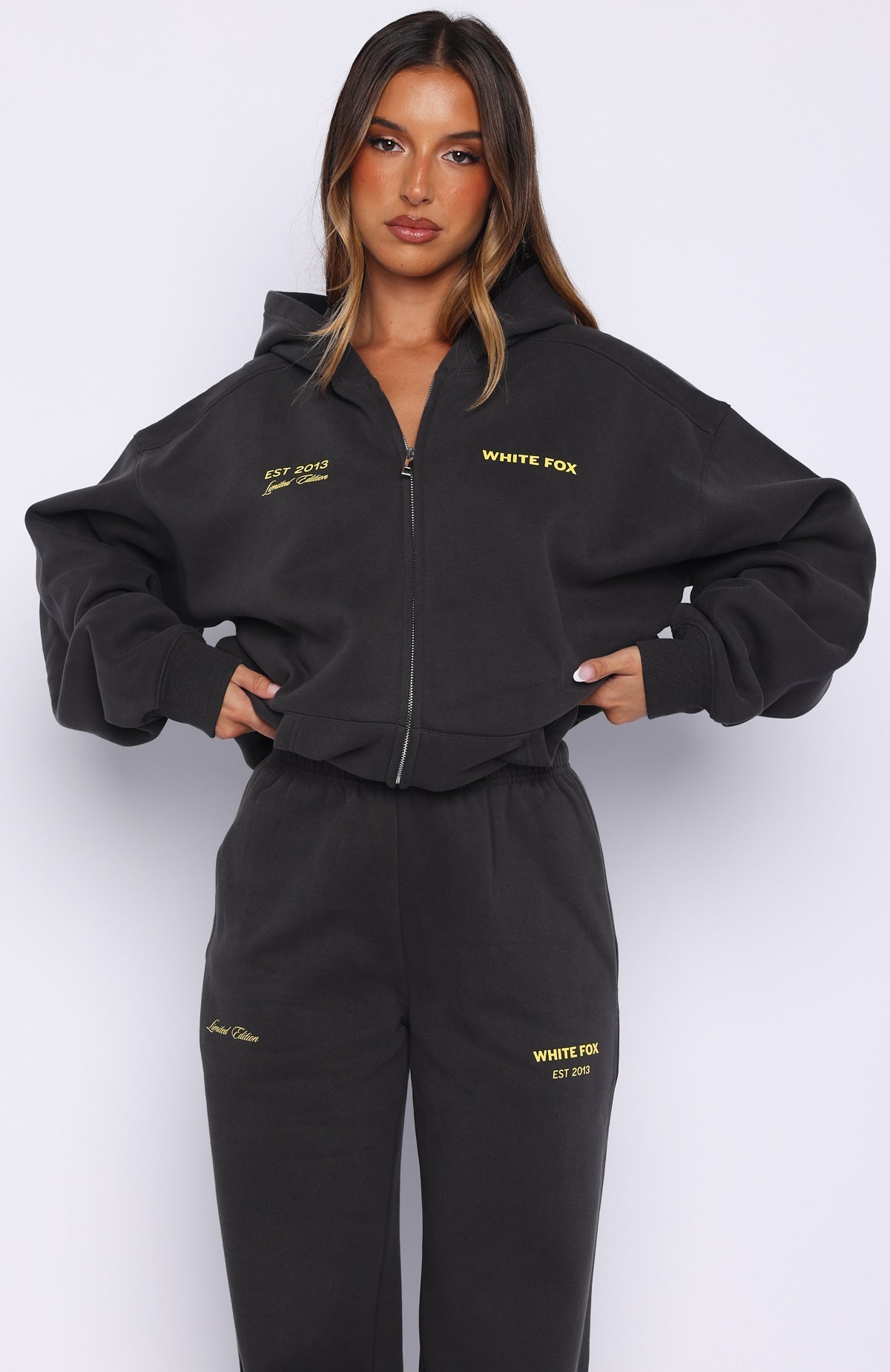 White Fox Proving Myself Wrong Zip Front Hoodie Charcoal